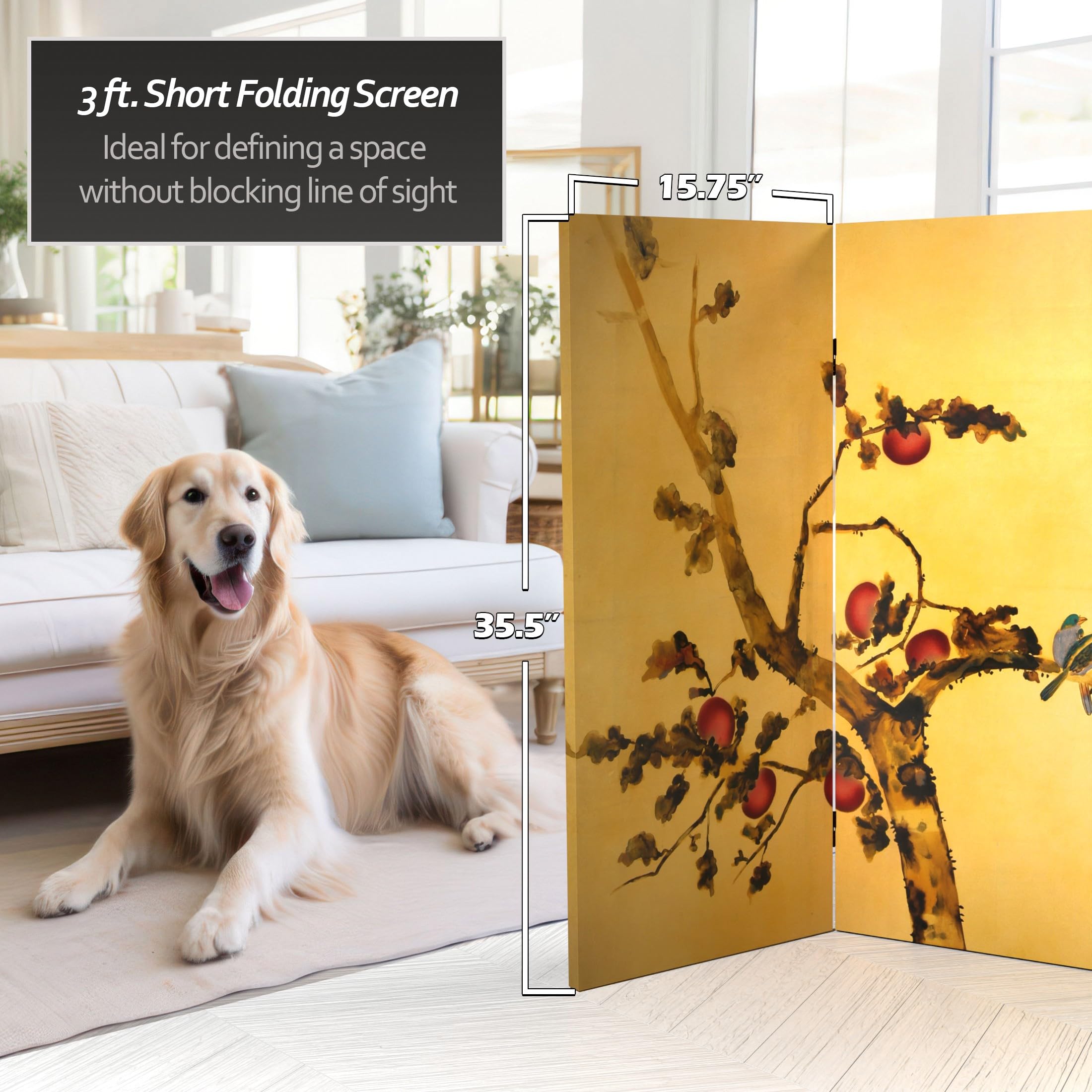 3 ft Red Lantern Double-Sided Plum Tree Bird Canvas Room Divider - Asian Home Decor for Living Room, Bedroom & Office Partition