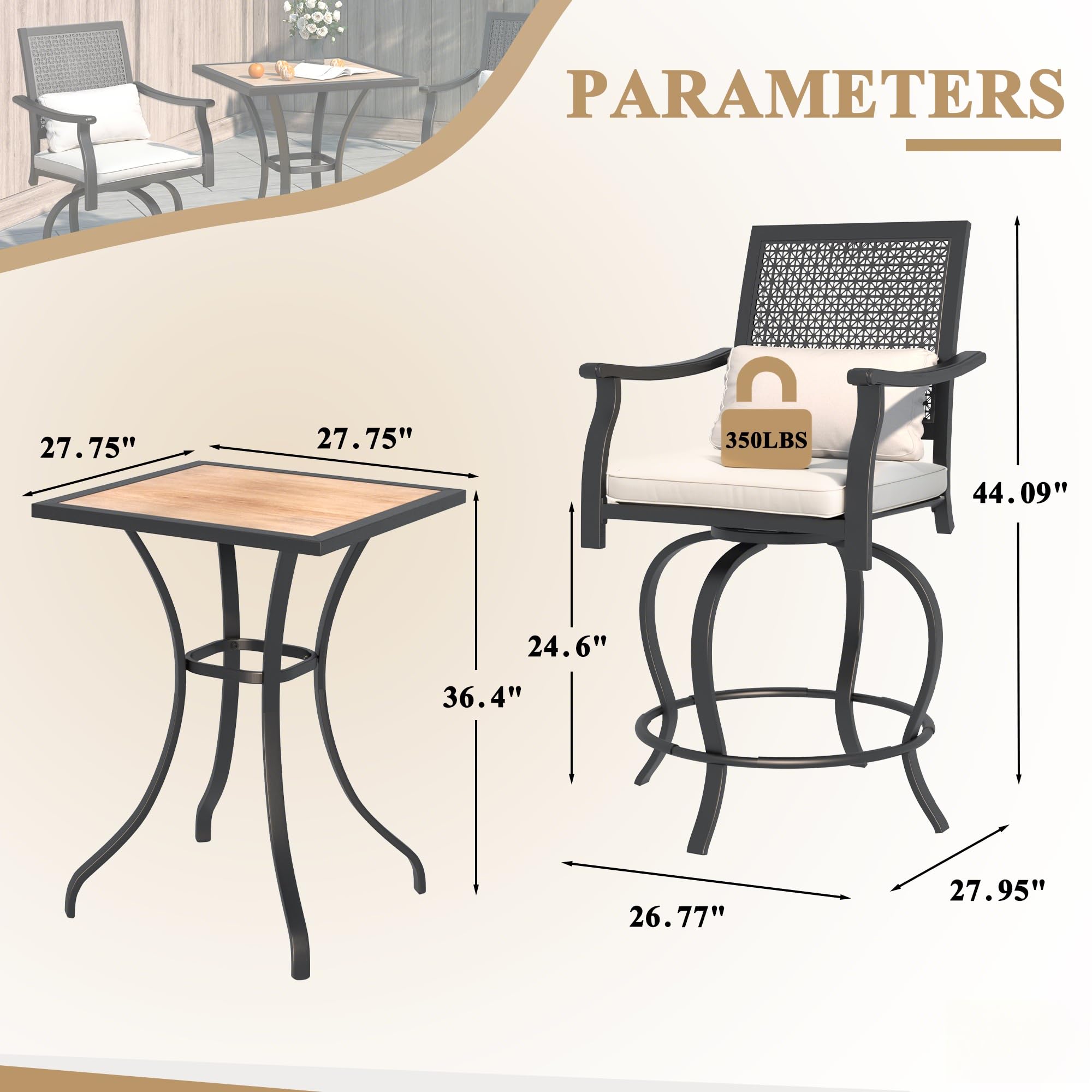 AECOJOY 3-Piece Outdoor Bar Set - High Top Table with 2 Swivel Stools, Patio Bistro Set for Garden, Porch, Lawn & Backyard - Perfect for Entertaining, Relaxing & Outdoor Dining