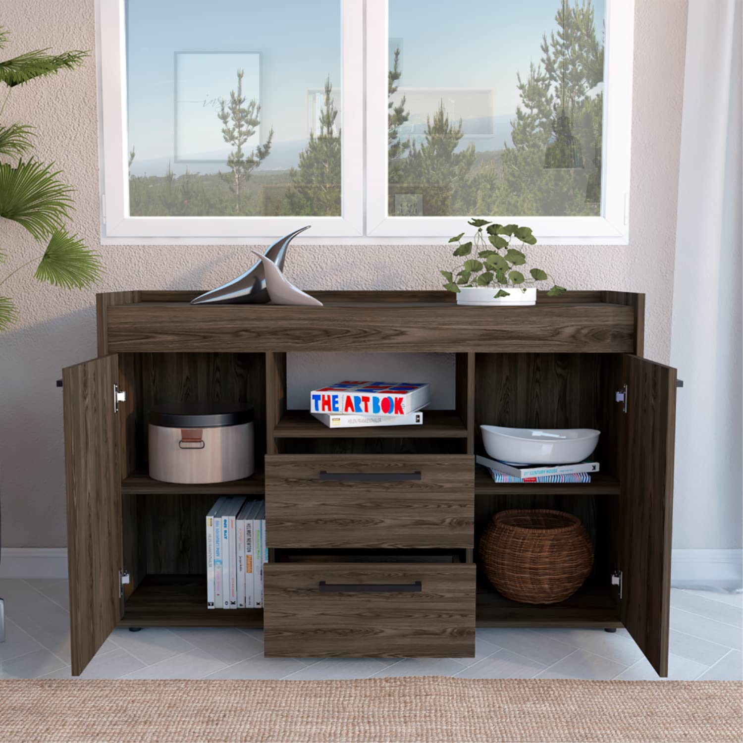 Hart Sideboard Double Door Cabinet with 1 Open Shelf - Dark Walnut Finish for Dining Room, Living Room, or Entryway Storage