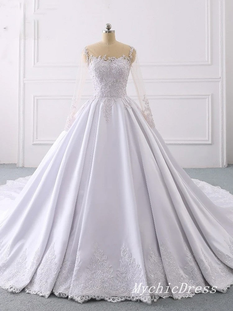 Elegant A-Line Lace Applique Satin Wedding Dress with Long Sleeves & Button Back - Perfect for Bridal Ceremony, Formal Events & Photoshoots