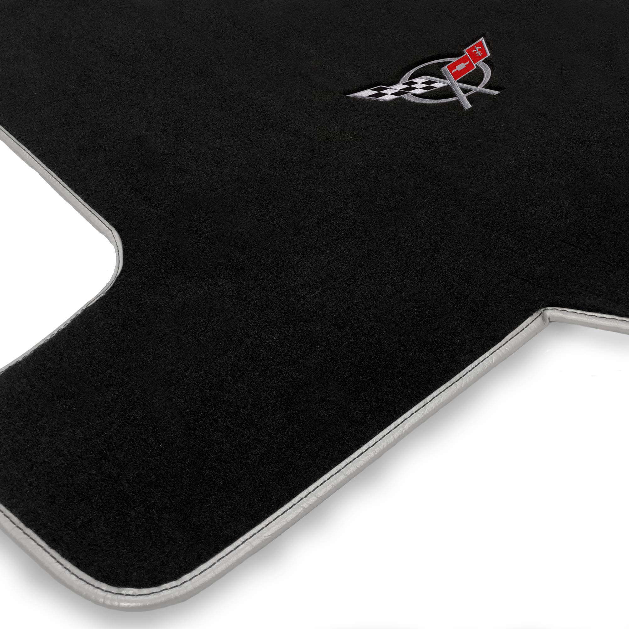 Lloyd Mats Custom-Fit Carpeted Floor Mats for C5 Corvette 1997-2004 - Premium Luxury Car Floor Liners, 2-Piece Set in Black with Silver Flags | Perfect for Daily Driving, Road Trips & Car Shows