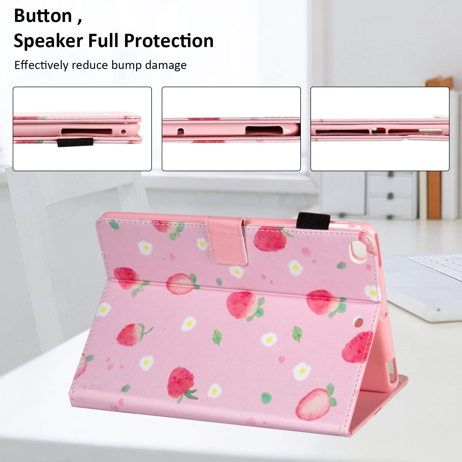 Dteck iPad 9.7 Case (2017/2018) & iPad Air 2/Air Case - Premium PU Leather Smart Cover with Auto Wake/Sleep, Adjustable Stand & Soft Rubber Back - Strawberry Color - Perfect for Work, Travel & Home Use