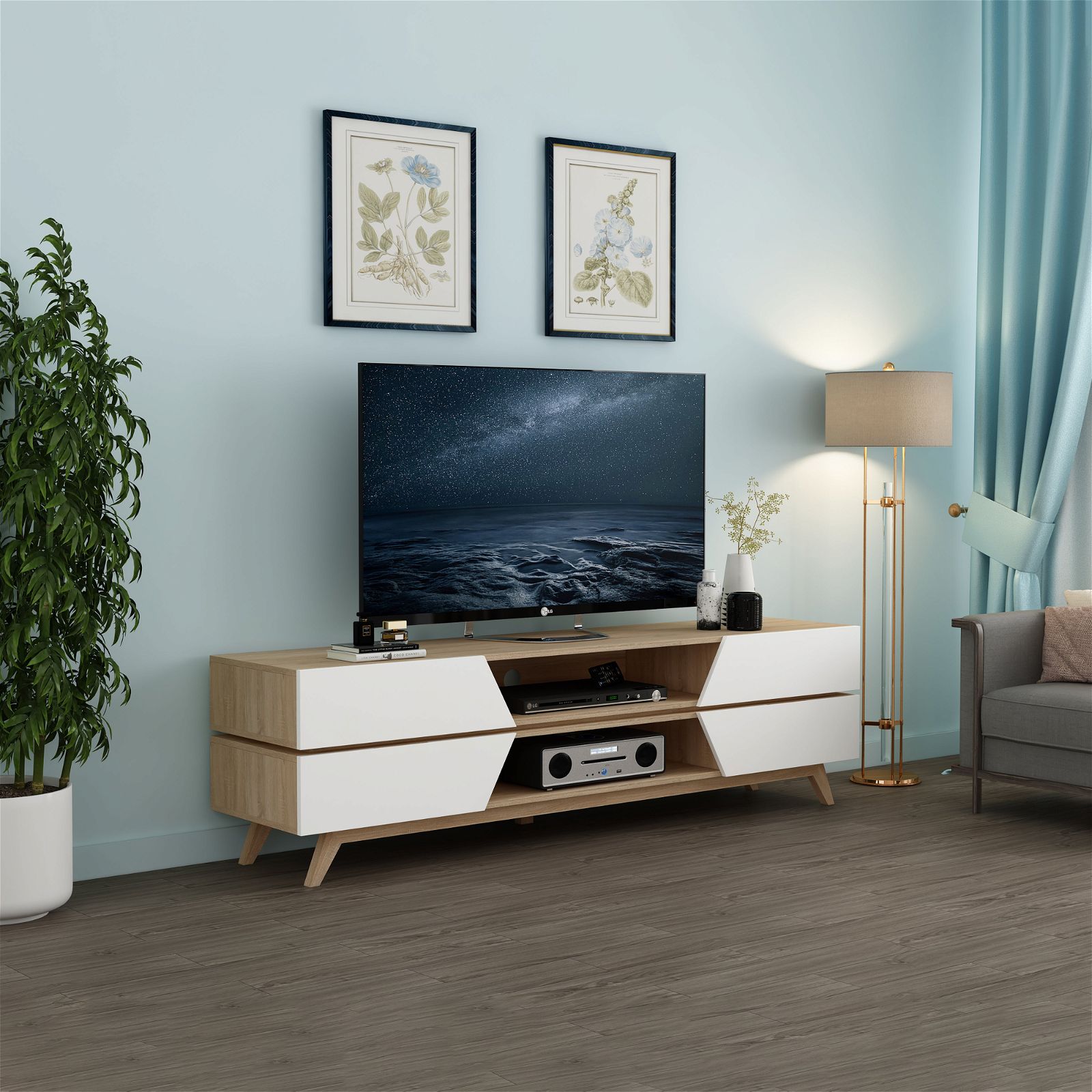 NORDIC 1800 Entertainment Unit - Solid Oak TV Stand with Storage by Criterion | Perfect for Living Room Home Theater Setup