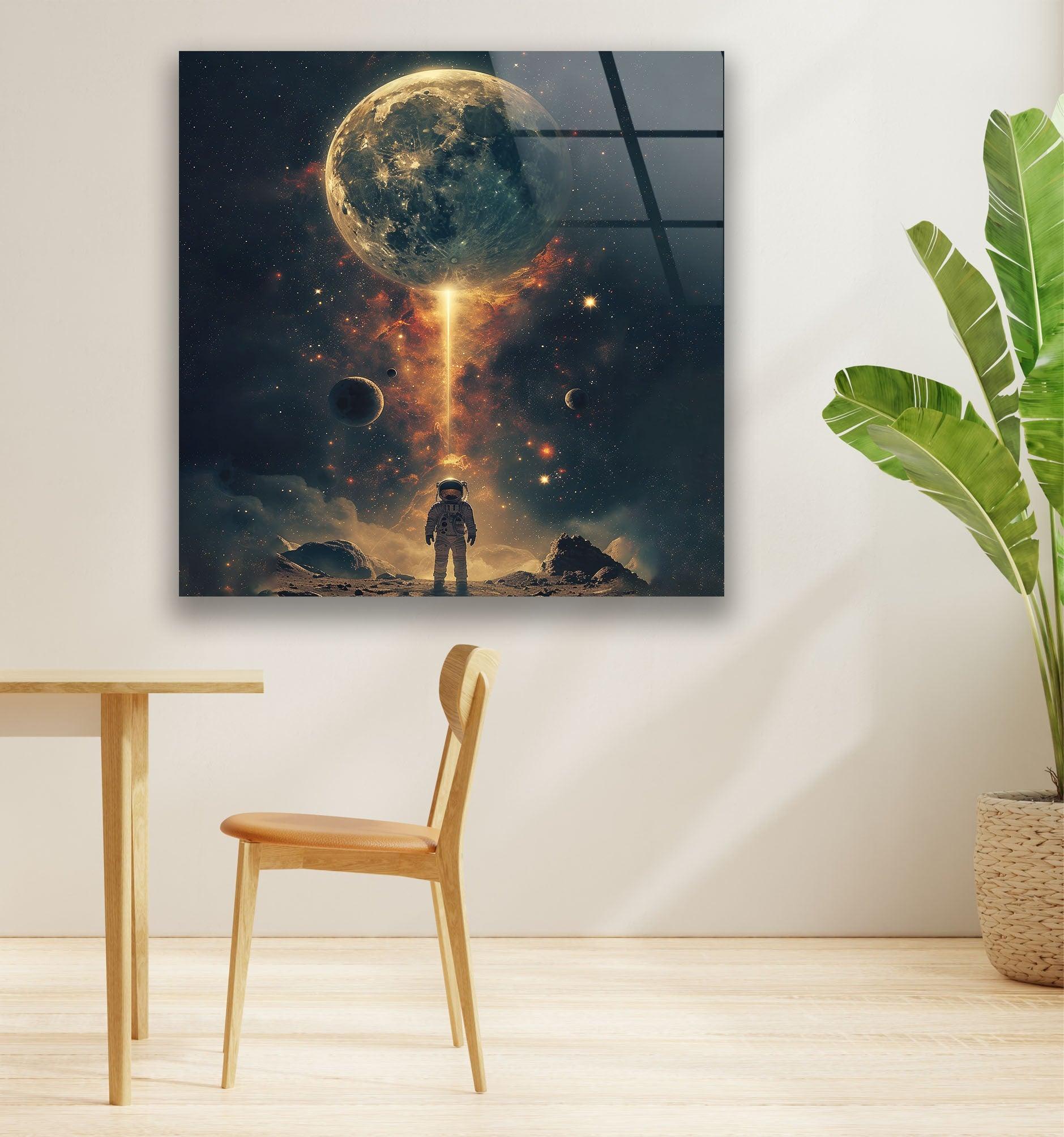 NASA Astronaut Walking on Moon Glass Wall Art - Space Themed Home Decor for Living Room, Bedroom & Office