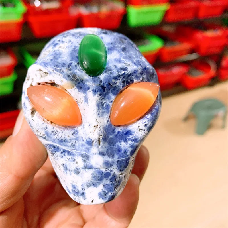 Natural Blue Sodalite Alien Skull Carving - Reiki Healing Crystal Gemstone Figurine for Meditation, Spiritual Decor, Unique Home Ornament & Gift (1 Piece) - Perfect for Yoga Spaces, Altars & Energy Work