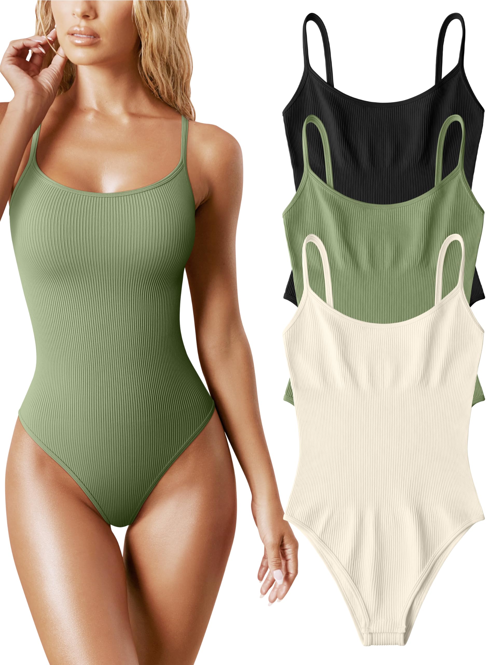 OQQ Women's 3 Piece Bodysuits - Sexy Ribbed Sleeveless Adjustable Spaghetti Strap Tops & Leotard Set for 2025 Summer | Perfect for Yoga, Gym, Clubwear & Casual Outfits