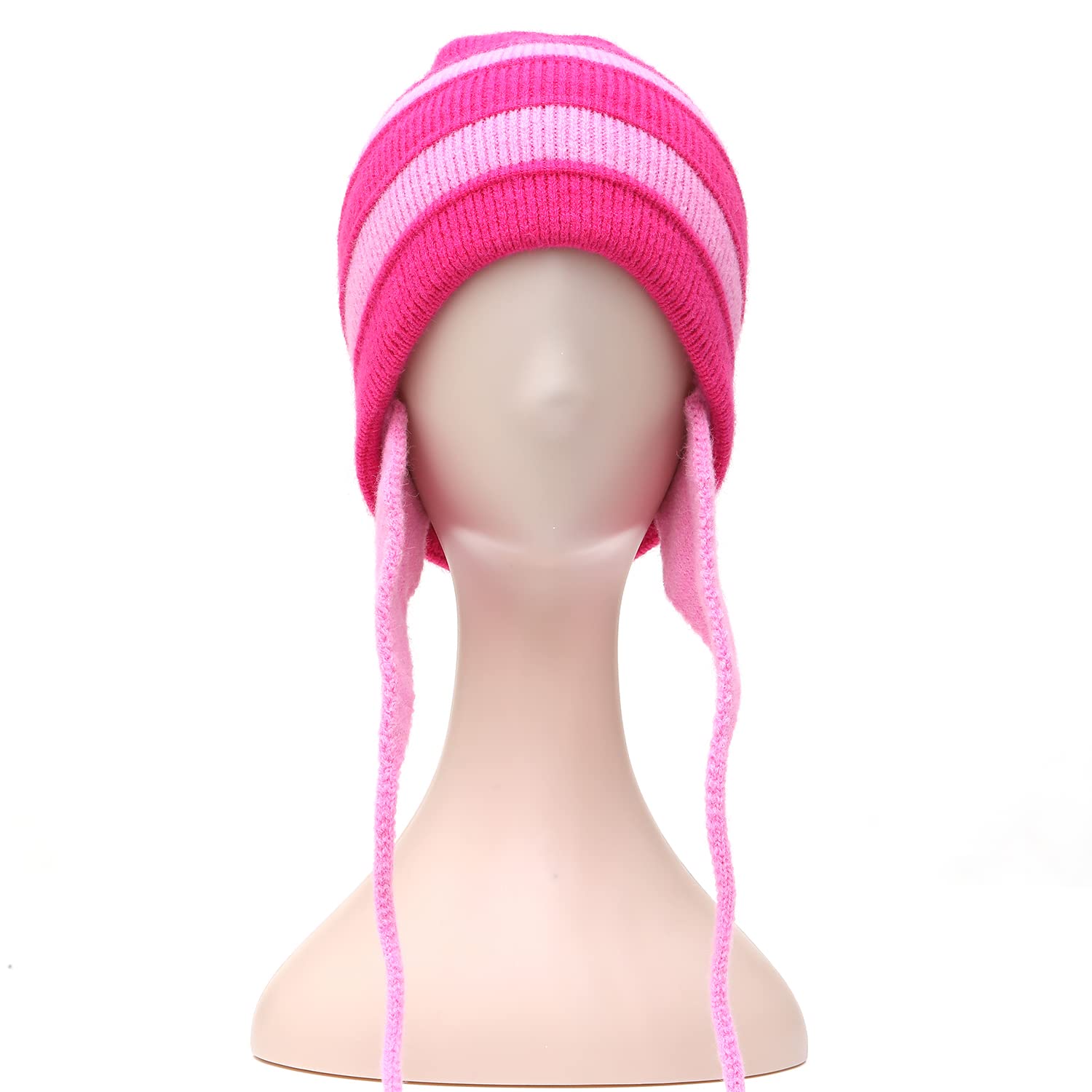 Women's Knitted Winter Beanie Hat - Peruvian Sherpa Ear Cover with Pink Stripes, Y2K Fashion, Halloween Cosplay Costume | Warm & Stylish for Cold Weather, Outdoor Activities, and Festive Outfits