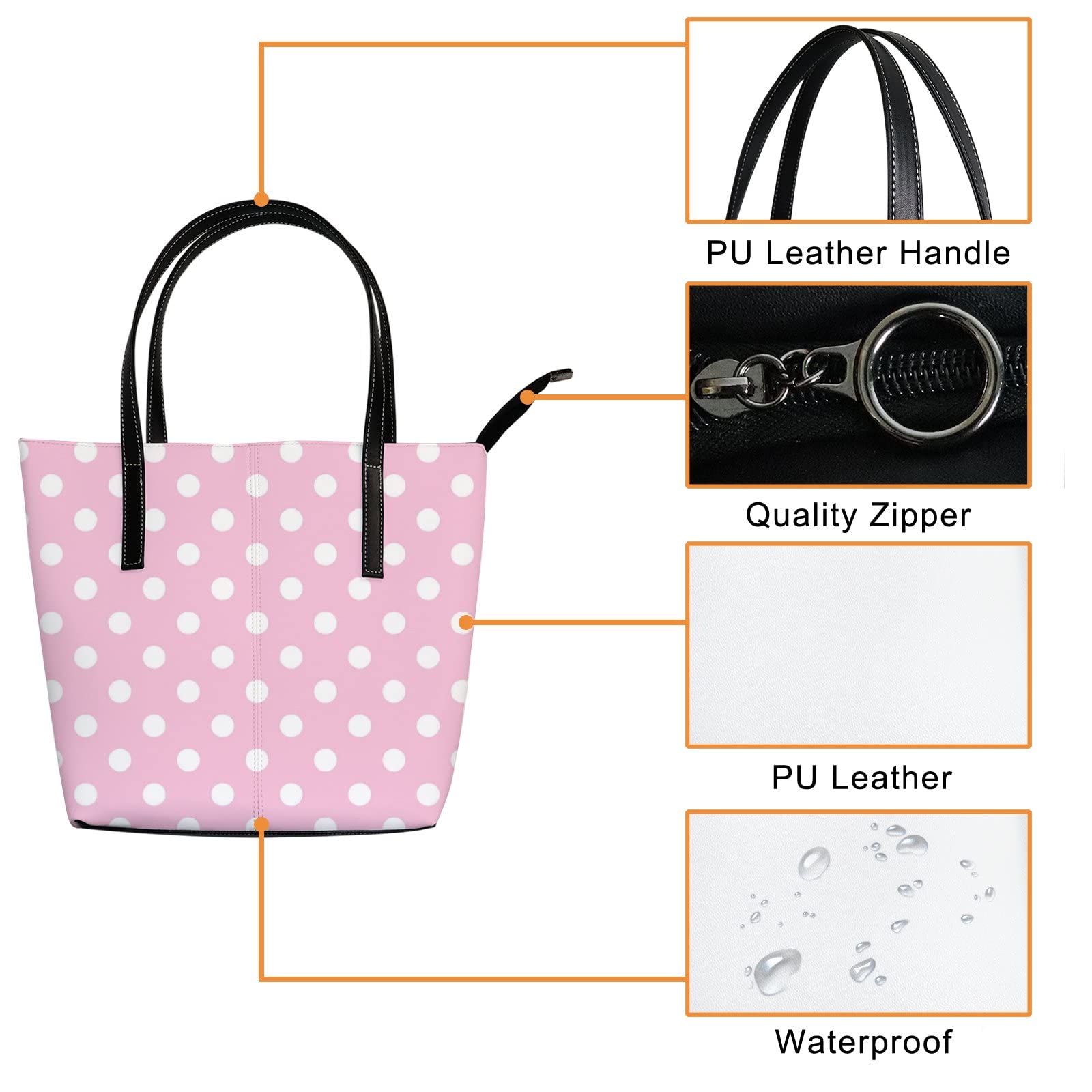 Stylish Pink & White Polka Dot Leather Tote Bag for Women - Zippered Crossbody Work Handbag with Adjustable Strap (Perfect for Office, Travel & Shopping)