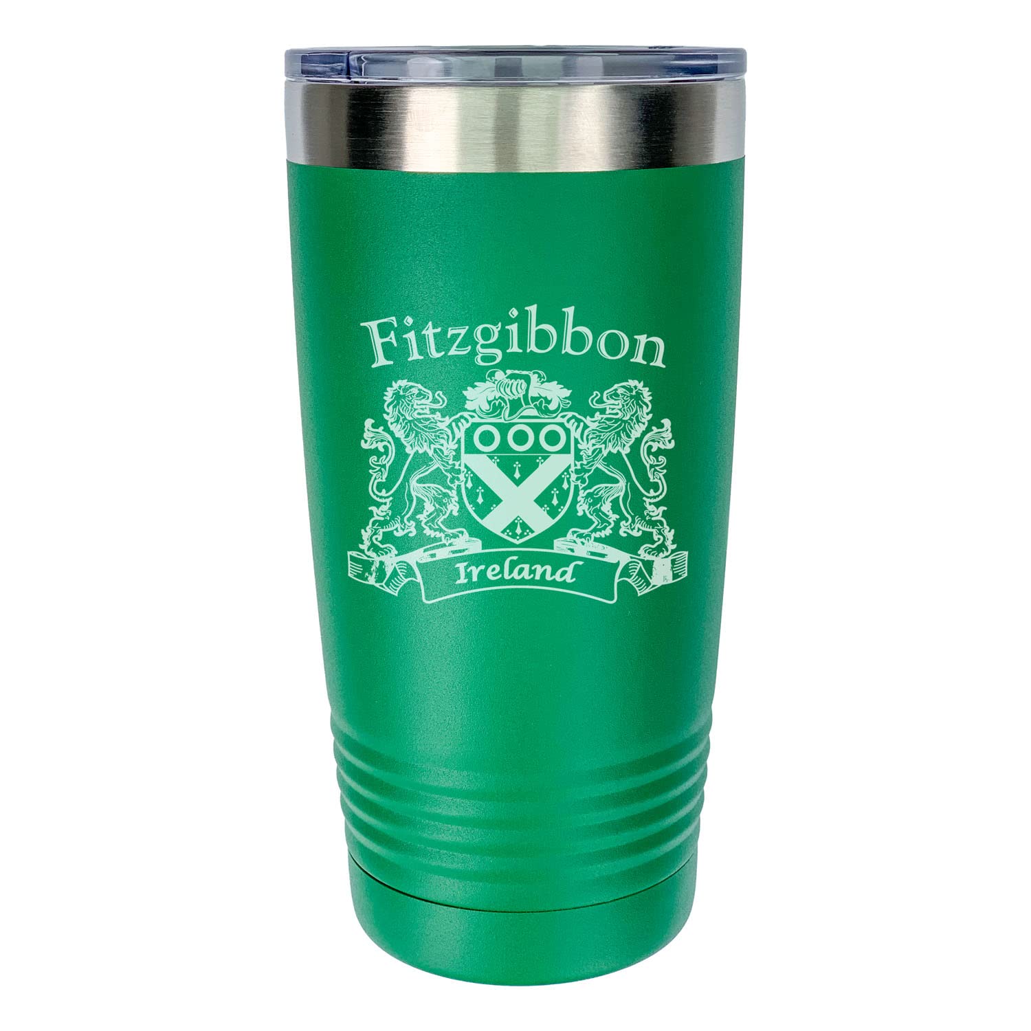 Fitzgibbon Irish Coat of Arms Stainless Steel Green Travel Tumbler - 20oz Insulated Coffee Mug with Lid, Perfect for Hot & Cold Drinks, Office, Camping, and Outdoor Adventures