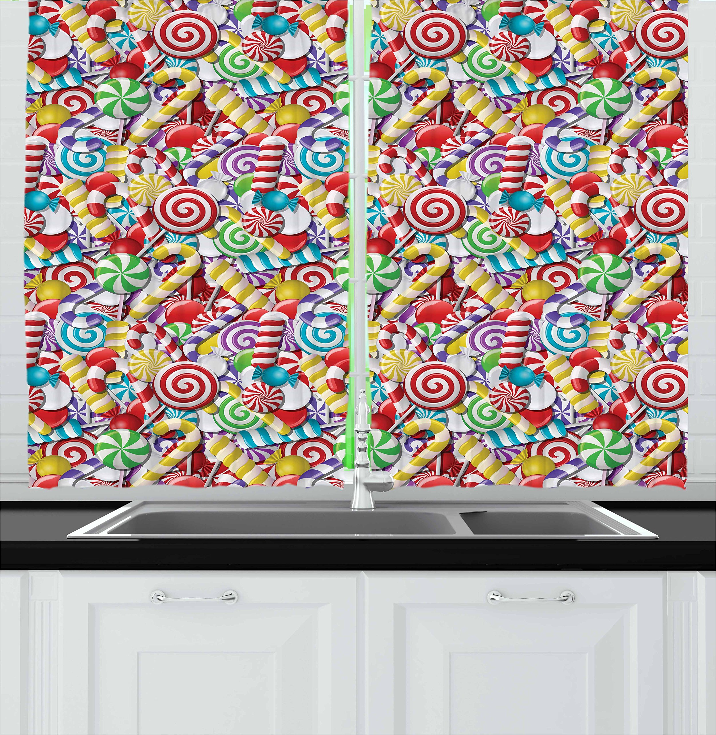 Ambesonne Christmas Candy Cane Kitchen Curtains - Sweet Holiday Decor with Lollipops & Bonbons, 2-Panel Window Drapes for Kitchen & Cafe (55