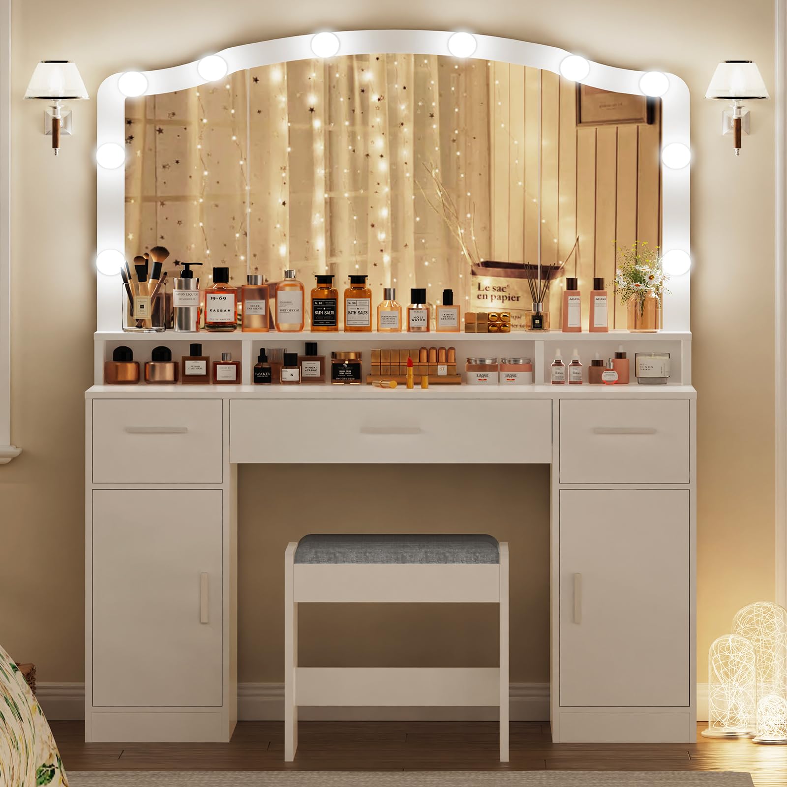 USIKEY White Makeup Vanity with Lights - 10 LED Dressing Table with 3 Drawers, 2 Cabinets & Storage Shelf, Includes Stool - Perfect for Women & Girls Bedroom, Beauty Salon or Dressing Room