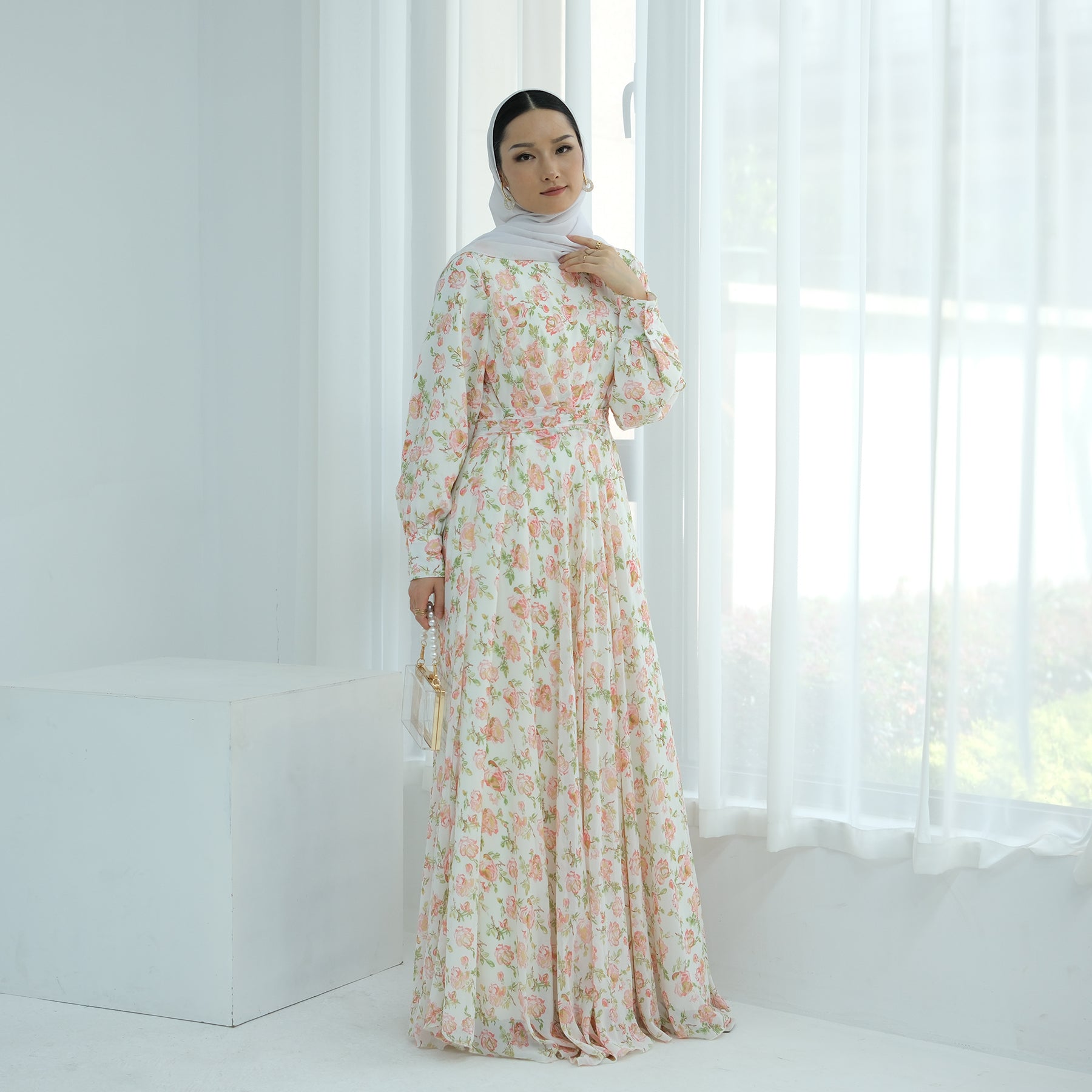 Gardenia Floral Maxi Dress in Coral Green - Elegant Summer Beach Dress for Women, Perfect for Vacations, Weddings & Outdoor Parties