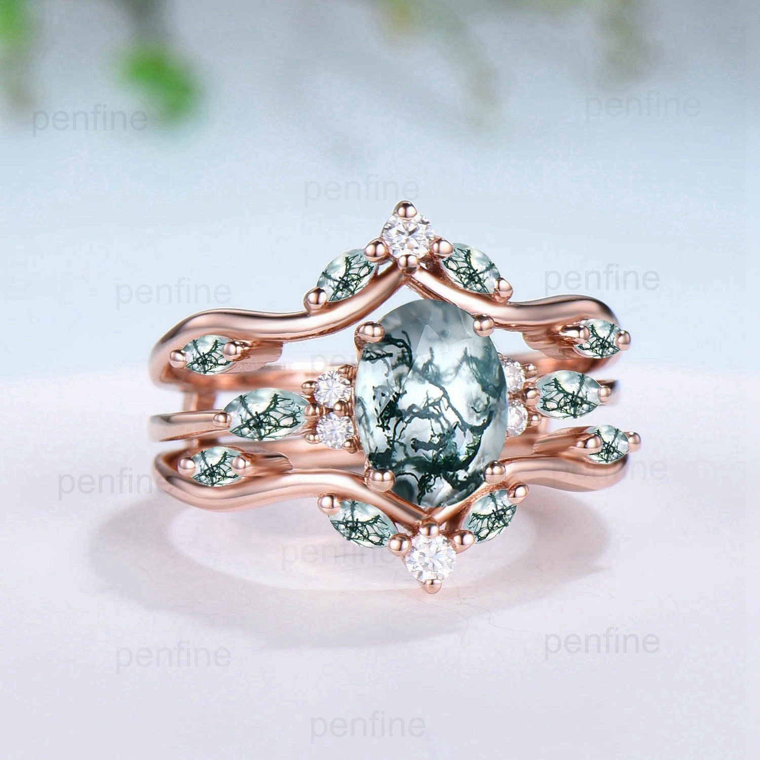 1.5Ct Natural Oval Moss Agate Engagement Ring Set - Vintage Marquise Agate Wedding Ring with Double Curved Moissanite Stacking Bridal Set for Women - Perfect for Proposals, Anniversaries & Special Occasions