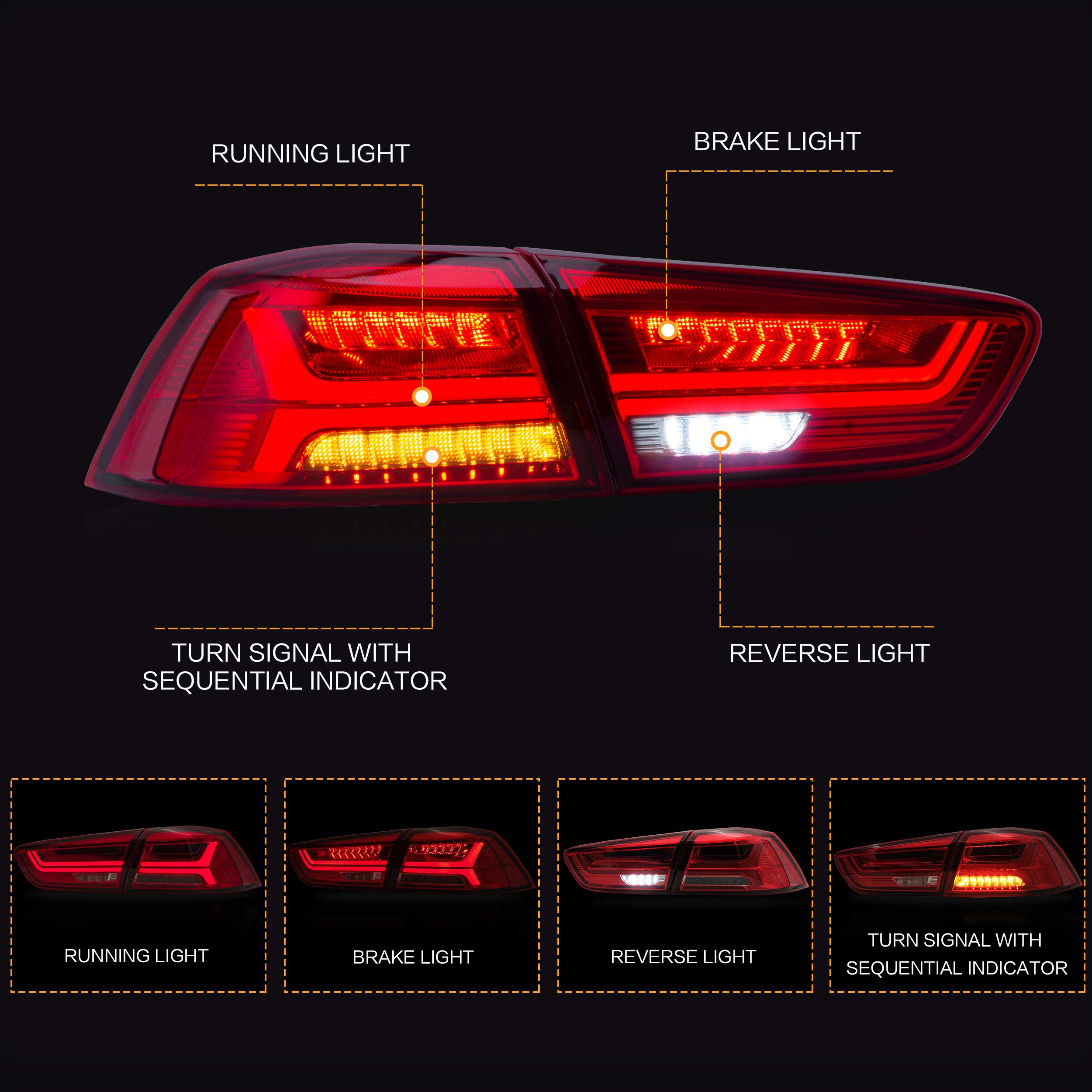 VLAND LED Tail Lights for Mitsubishi Lancer EVO X 2008-2020 - Sequential Turn Signal, Plug-and-Play Replacement Tail Lamp Assembly (Red) - Perfect for Car Enthusiasts & Night Driving Upgrades