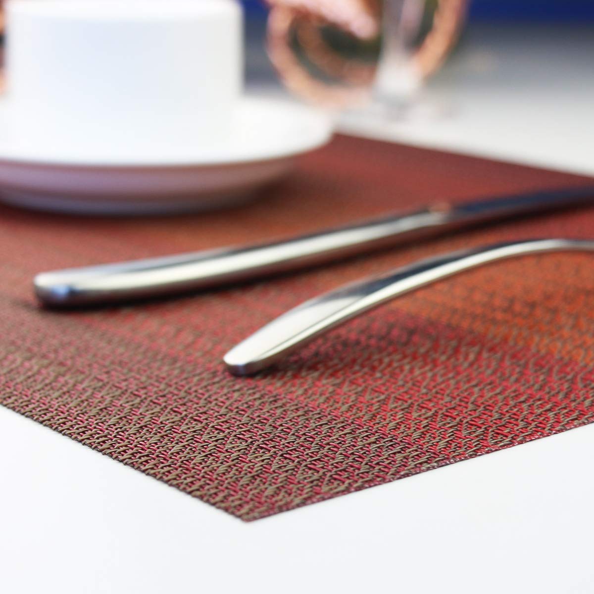 Washable Vinyl Placemats Set of 4 - Easy to Clean Woven Table Mats for Dining Room, Kitchen, Office - Red (Perfect for Everyday Meals, Parties & Spill Protection)