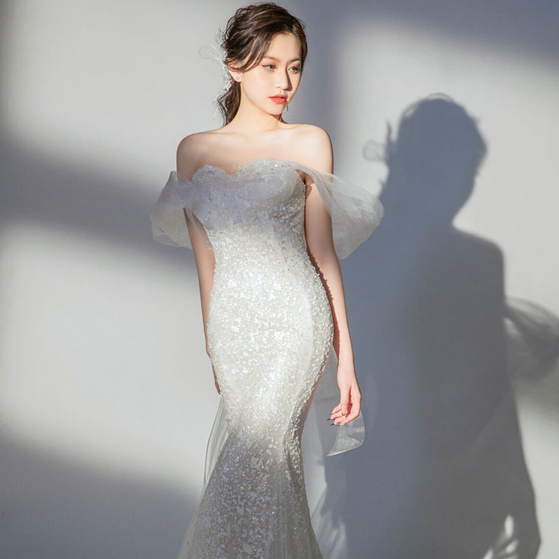 Elegant Mermaid Sequins Wedding Dress - Off Shoulder Long Evening Gown with Train for Bride - Perfect for Beach, Church, and Formal Wedding Ceremonies