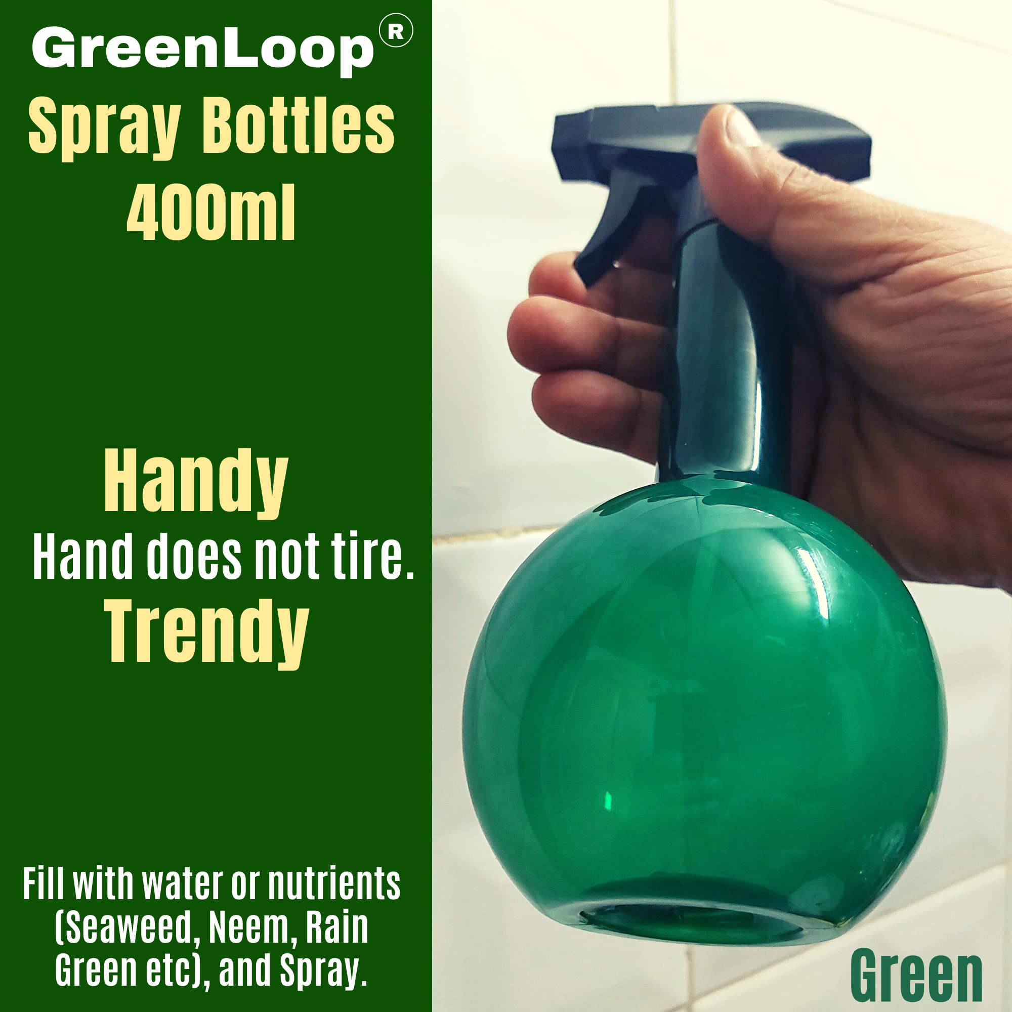 GreenLoop 400ml Spray Bottles Set of 2 - Amber & Green PET Plastic with Trigger Sprayer for Cleaning, Gardening & DIY Projects