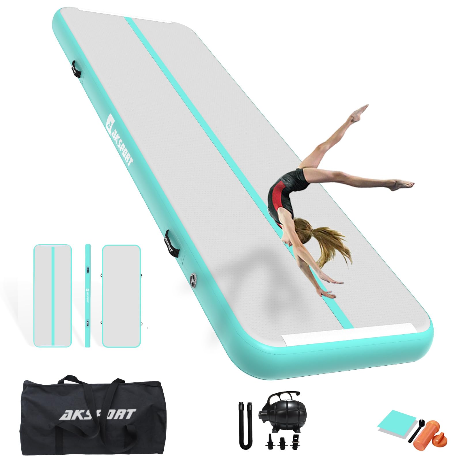AKSPORT Inflatable Gymnastics Mat Tumble Track 10ft 13ft 16ft 20ft 23ft - Air Tumbling Mat with Pump for Home Gym, Cheerleading, Yoga & Training - Perfect for Kids, Adults & Fitness Enthusiasts