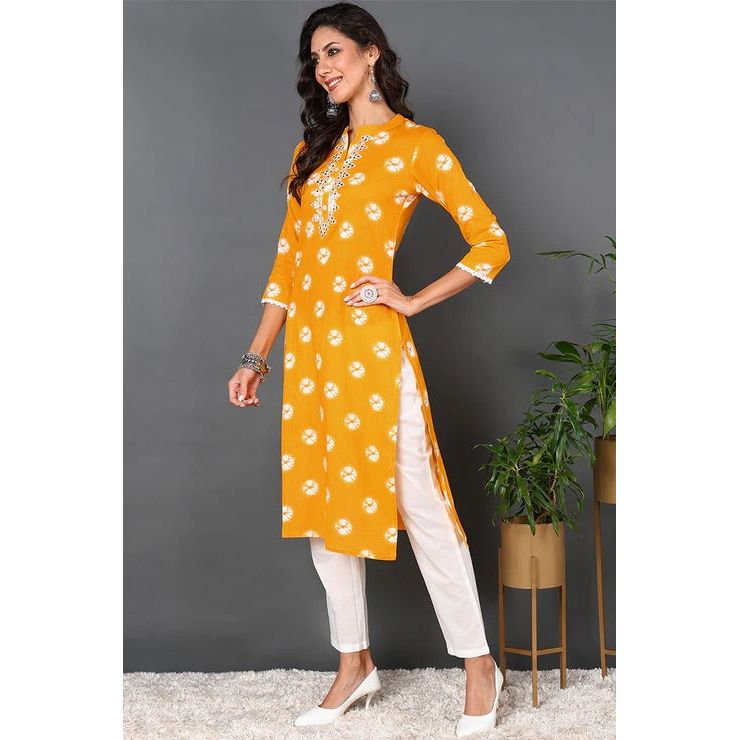 Stylish Yellow Cotton Embroidered Ethnic Motif Straight Kurta for Women | Traditional Indian Tunic Top | Perfect for Festivals, Weddings & Casual Wear