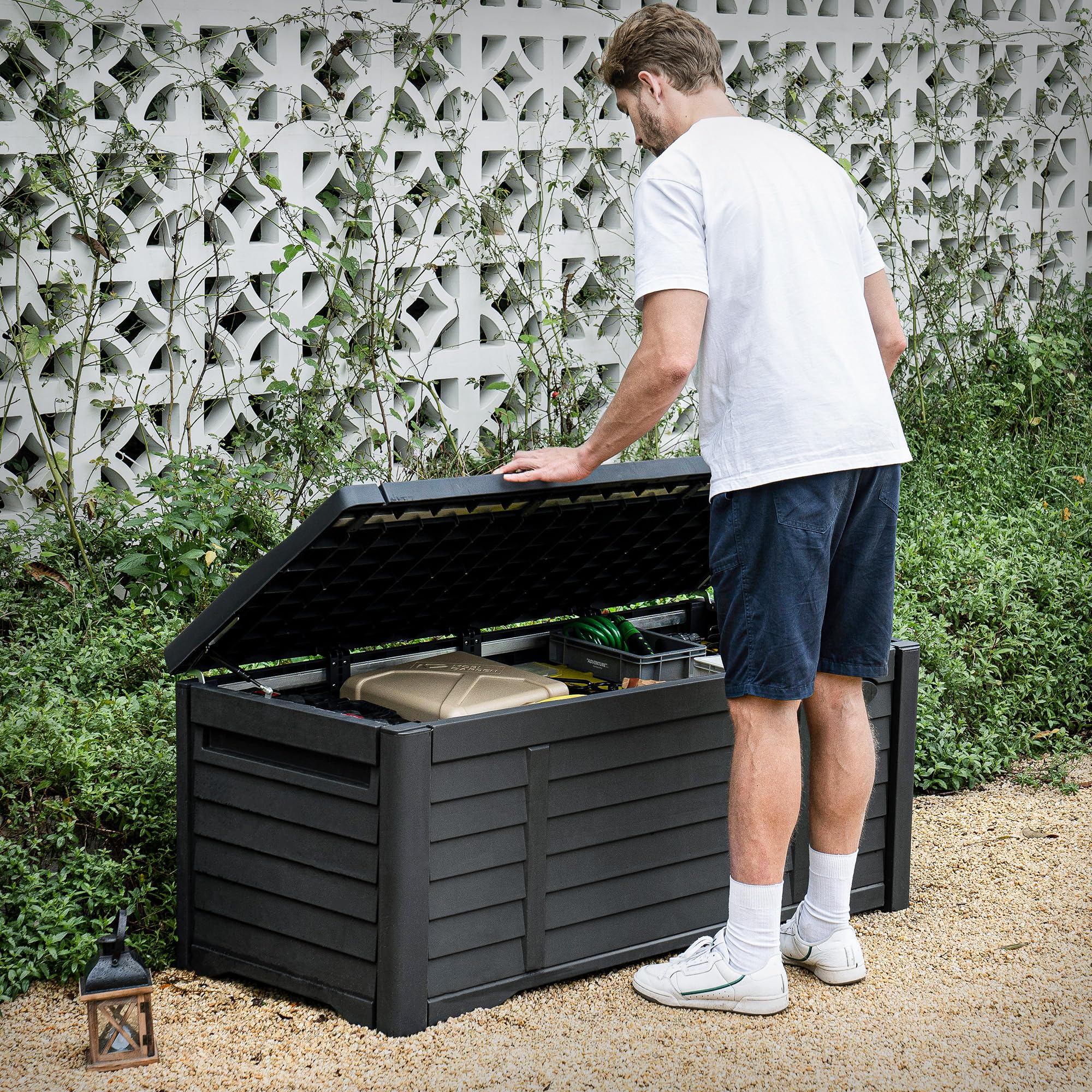 DWVO 120 Gallon Outdoor Storage Deck Box - Waterproof, Lockable Resin Storage Bench for Patio, Garden & Backyard - Durable Black Deck Box for Cushions, Toys & Pool Accessories
