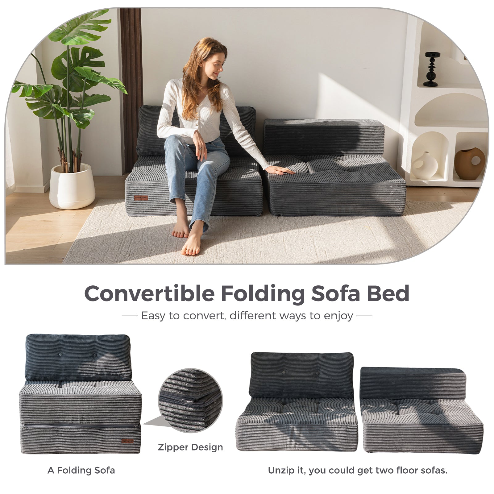 MAXYOYO Convertible Folding Sofa Bed with High-Density Support Foam - Dark Grey Sleeper Couch for Small Spaces, Living Room, Bedroom & Guest Room | Space-Saving Multi-Functional Furniture