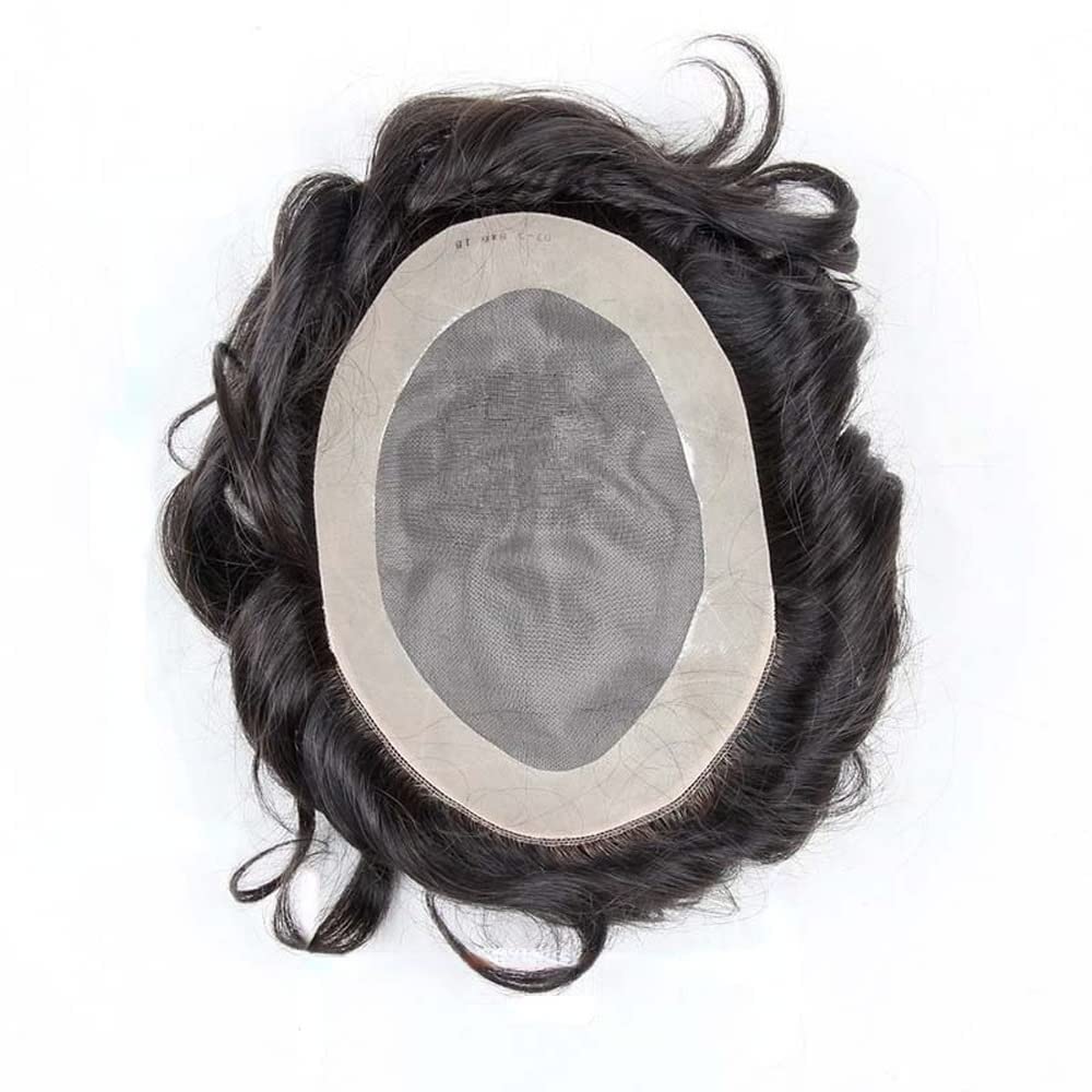 Premium Mono Silk Base NPU Around Remy Human Hair Wig for Men - Natural Black (1B#) Wavy Hair Toupee - 6