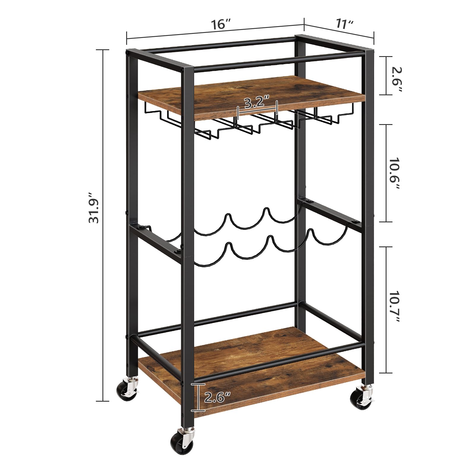3-Tier Rustic Brown Bar Cart with Wine Rack & Glass Holders - Mini Rolling Serving Cart for Kitchen, Dining & Living Room - Perfect for Home Entertaining, Wine Storage & Space-Saving Organization (Model RCHR9301)