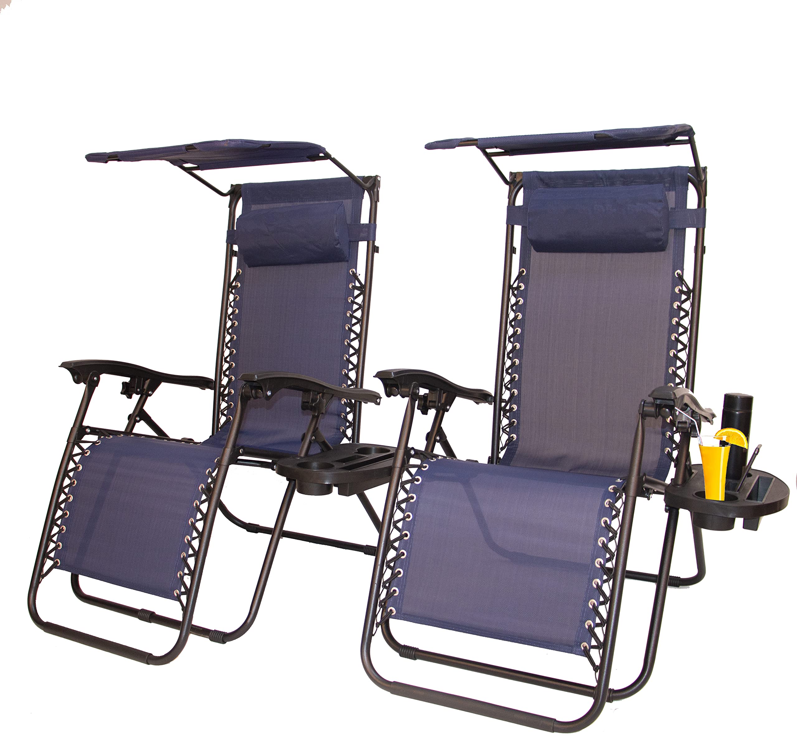 BTEXPERT Set of 2 Adjustable Steel Mesh Zero Gravity Lounge Chairs - Outdoor Patio Recliners for Beach, Yard & Garden with Pillow, Sunshade & Utility Tray - Blue with Canopy - Perfect for Poolside Relaxation, Backyard Lounging & Beach Vacations