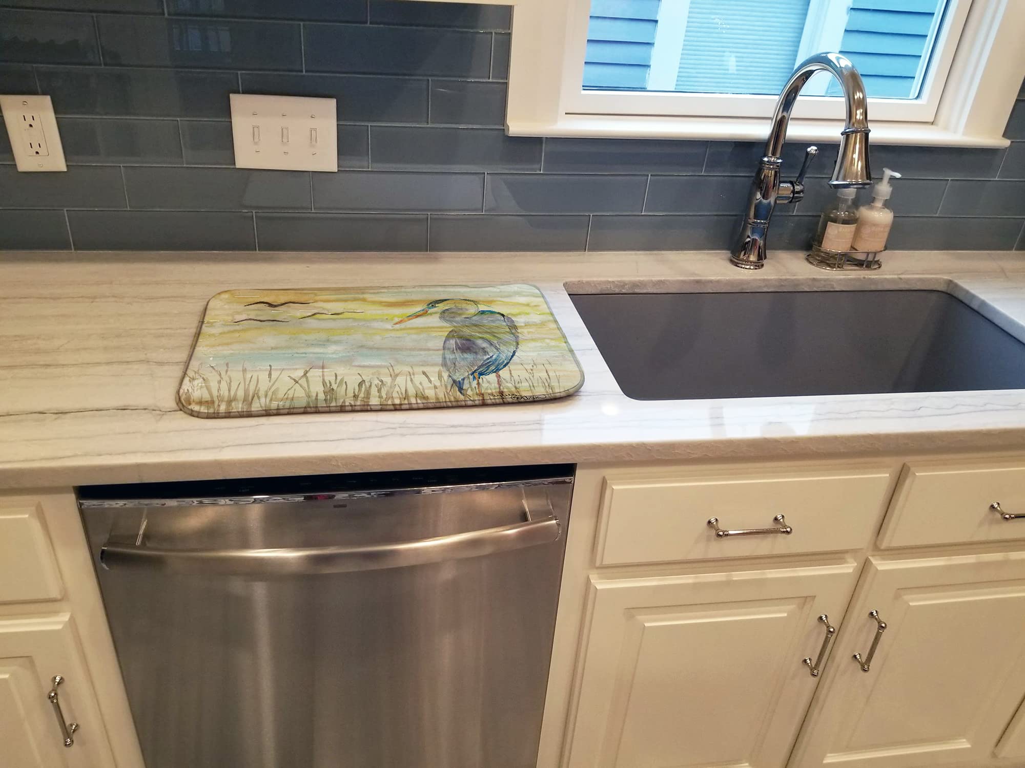 Blue Heron Yellow Sky Absorbent Dish Drying Mat - 14 x 21 Inch Kitchen Countertop Pad | Fast-Drying Dish Drainer Mat for Sinks, Countertops & Kitchen Decor | Waterproof Non-Slip Kitchen Accessory