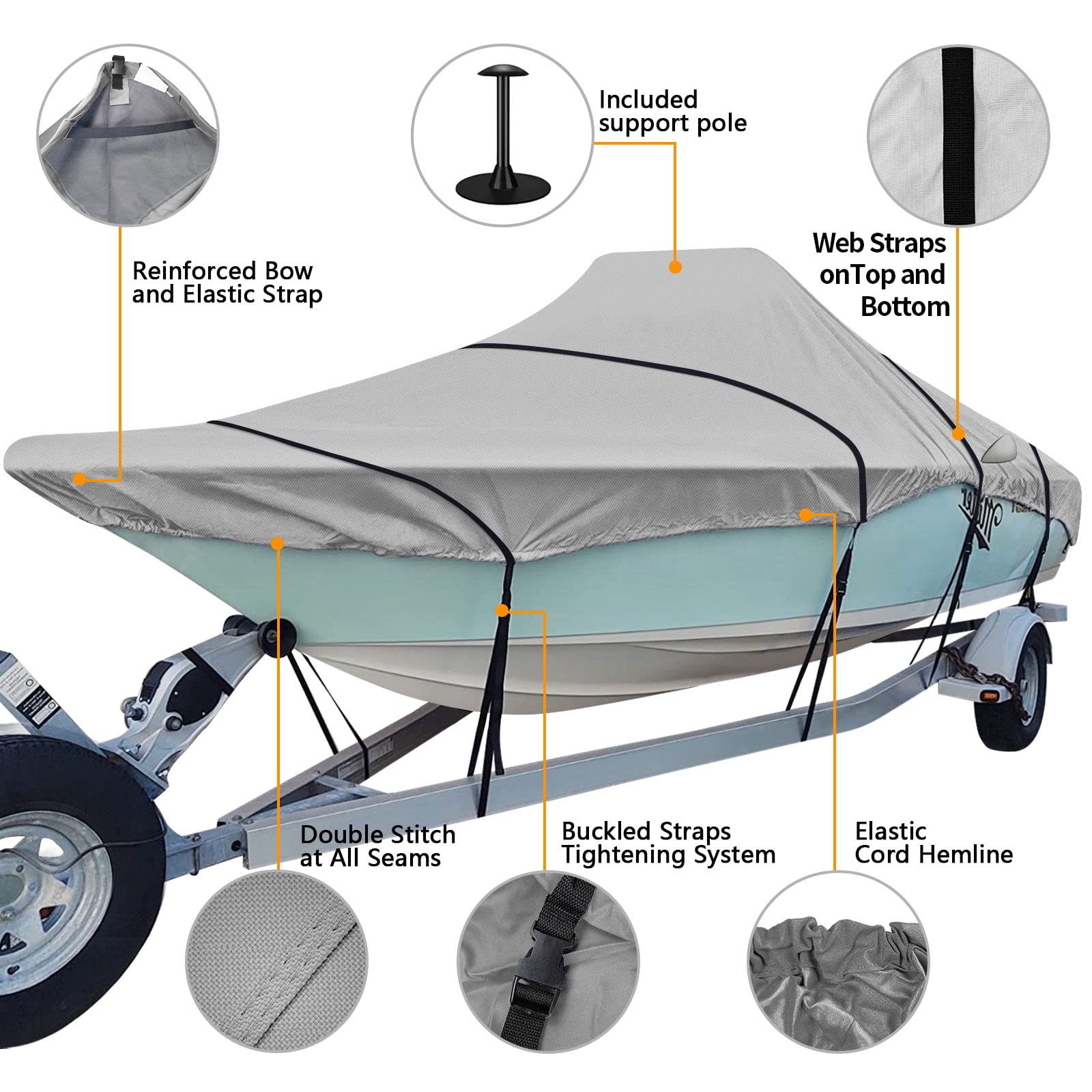 Heavy Duty 600D Trailerable Boat Cover for V-Hull Center Console Boats 22-24ft - Fits Beam Width up to 102in & Windshield Height 30in - Includes Support Pole - Waterproof UV Protection for Outdoor Storage & Towing