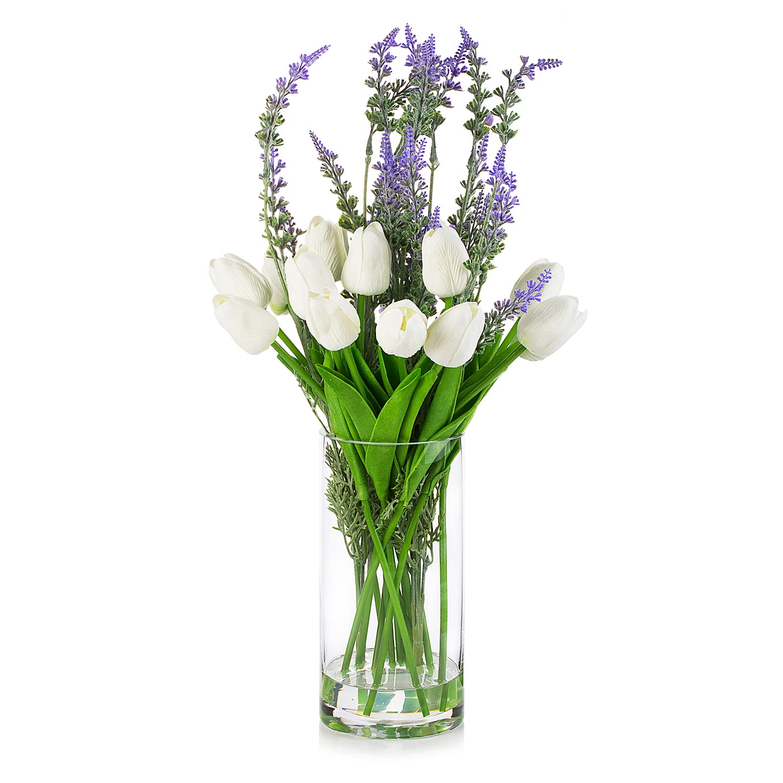 Enova Floral Real Touch White Artificial Tulip Flowers in Vase - 12 Stems White Tulips & Lavender Bouquet with Glass Vase - Wedding Centerpiece, Home Decor, Table Decor for Living Room, Office, and Dining Room
