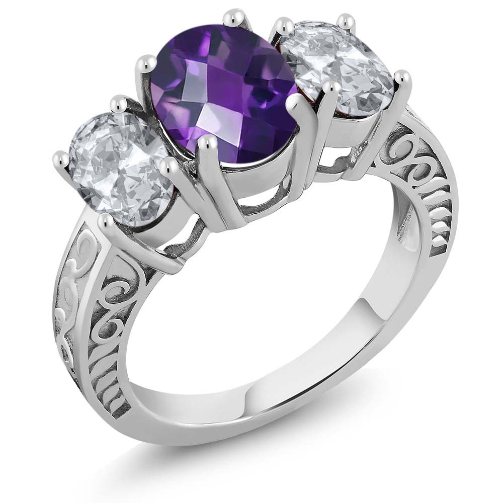 3.40 Ct Oval Checkerboard Purple Amethyst & White Topaz 925 Sterling Silver 3-Stone Ring for Women | Elegant Gemstone Jewelry Gift for Birthday, Anniversary & Special Occasions