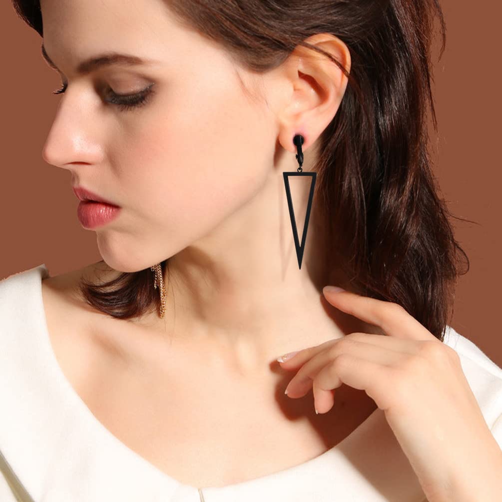 Stylish Metal Geometric Clip-On Drop Earrings for Women - Gold, Black & Silver Non-Piercing Dangle Earrings (Rectangle, Triangle, Bar, Circle, Waterdrop, Ellipse) - Perfect for Parties, Weddings & Everyday Wear