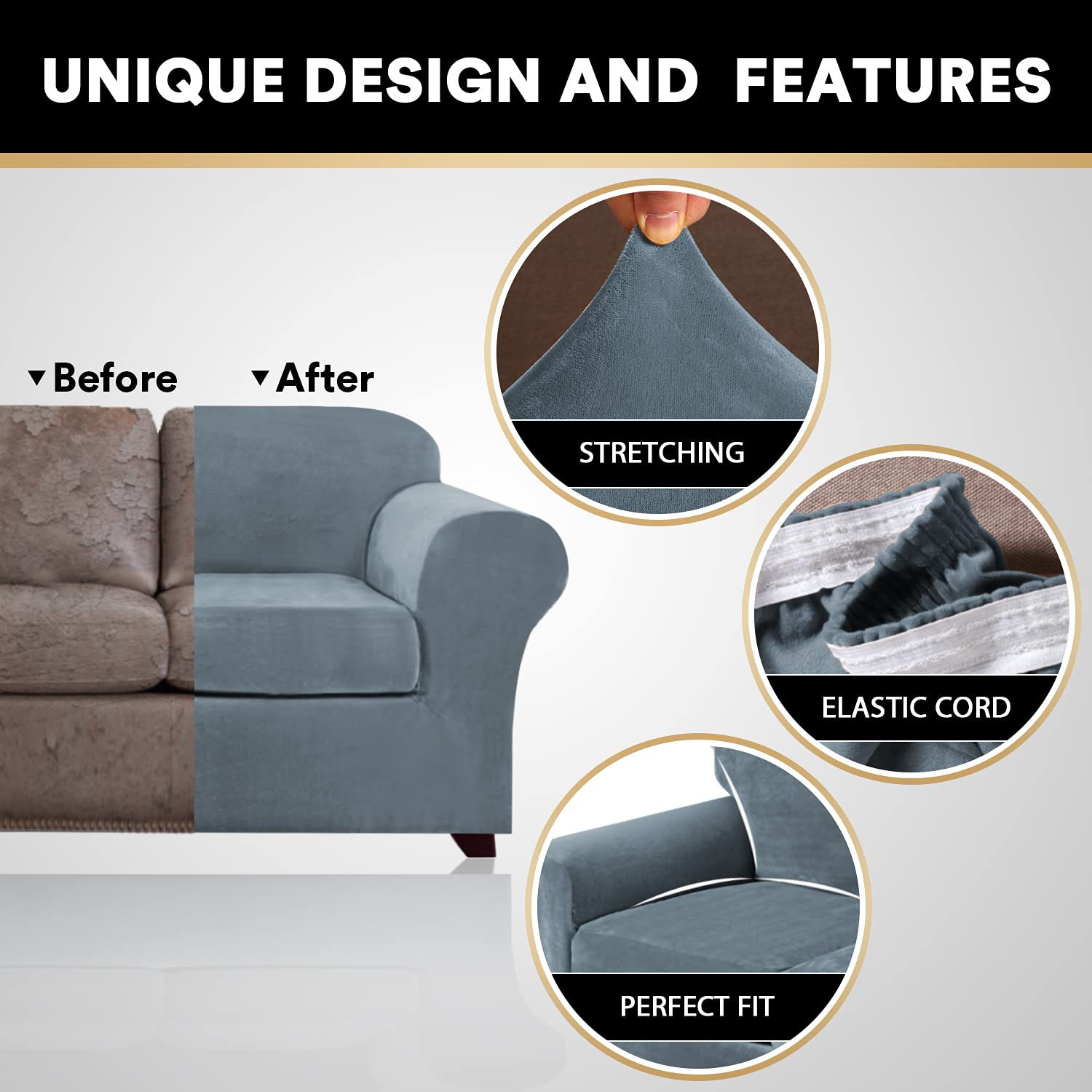 PrinceDeco Velvet 3-Piece Washable No-Slip Sofa Slipcover for 2-Cushion Loveseat (Up to 72