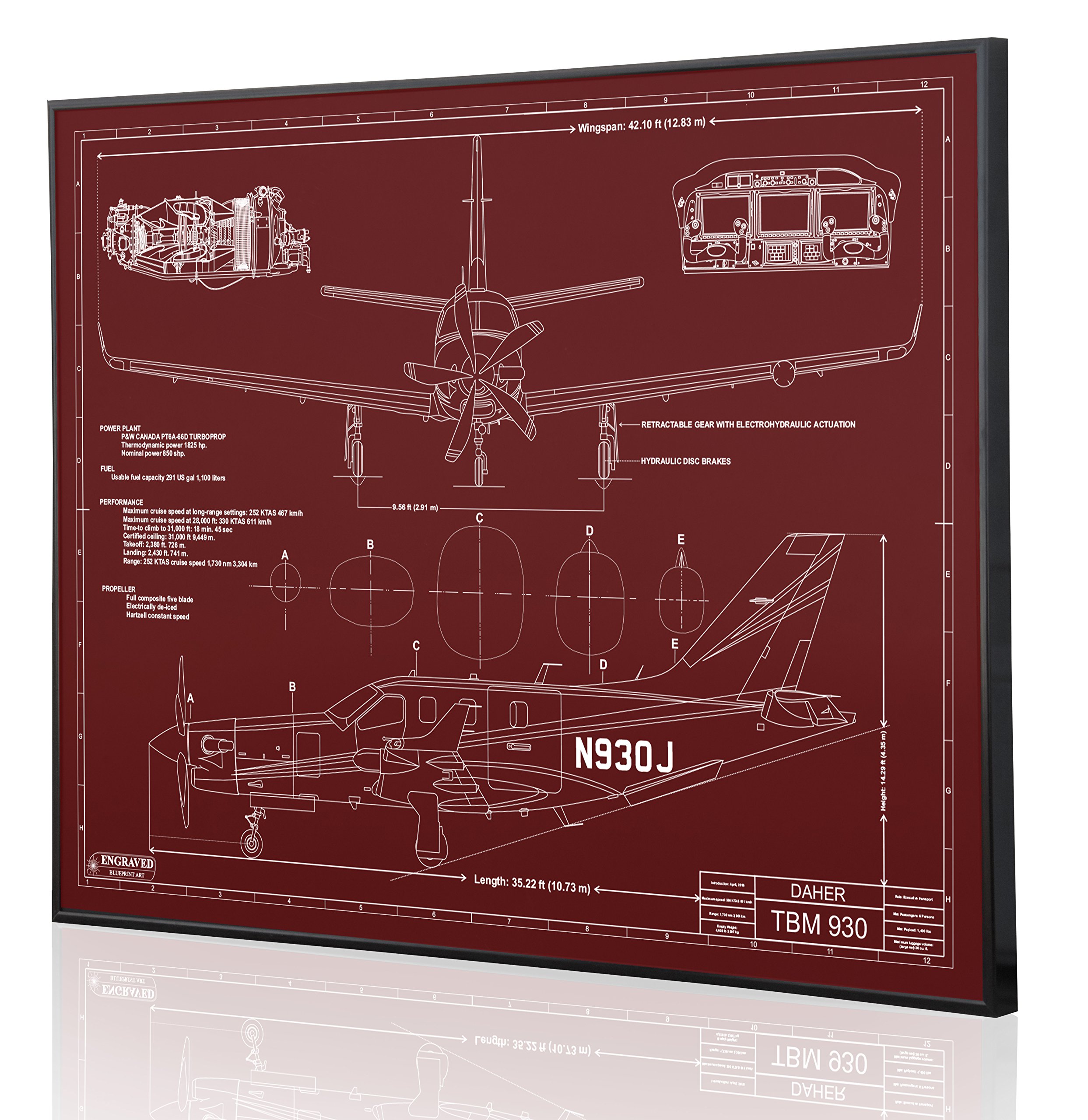 DAHR TBM-930 Blueprint Artwork - Laser Engraved & Customizable Aviation Wall Decor - Perfect Pilot Gift for Home Office, Man Cave & Flight School