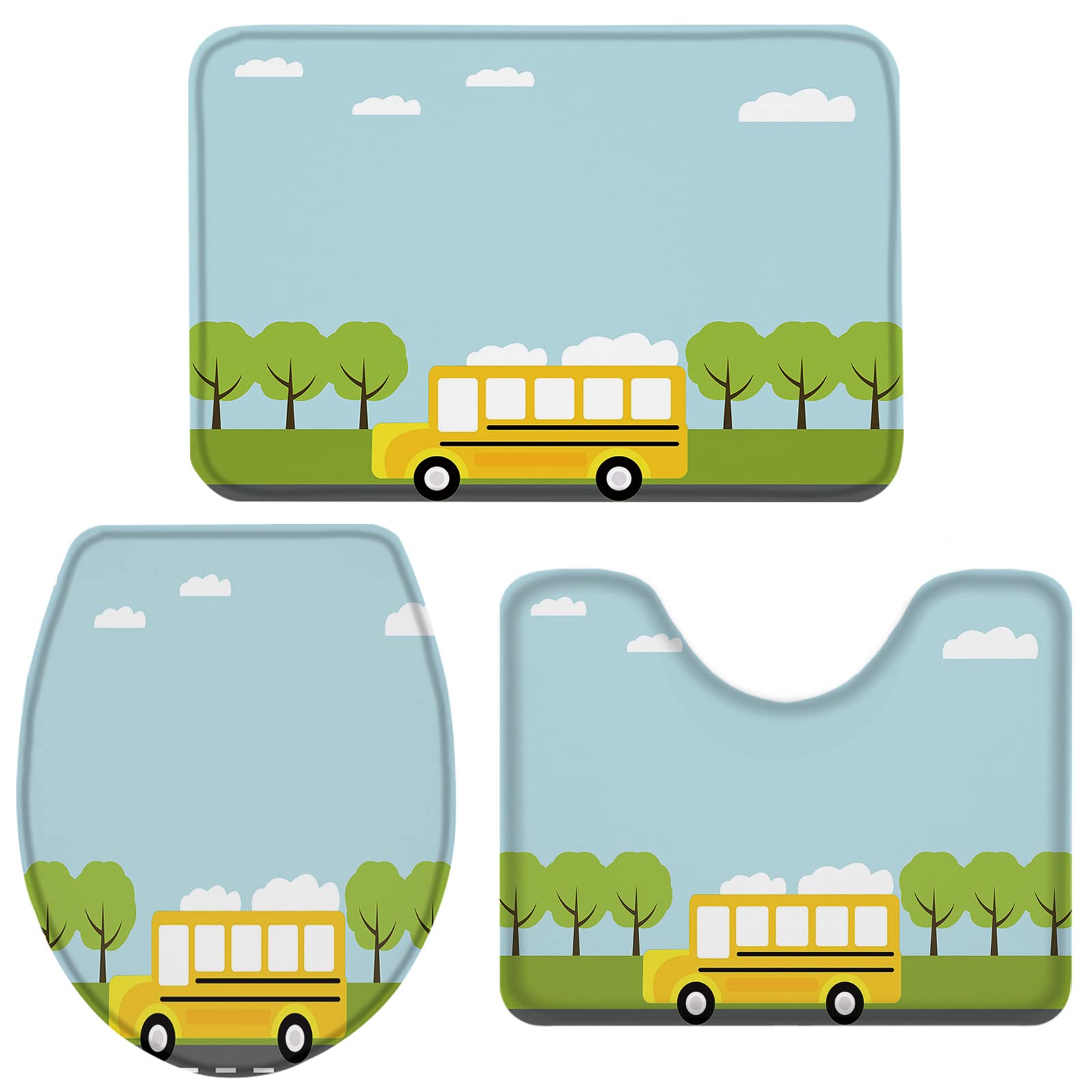 **Non-Slip 3-Piece Bath Rug Set - U-Shaped Contour Mat, Toilet Lid Cover & Doormat for Bathroom, Shower & Tub - Highway School Bus Design, Soft & Absorbent Floor Mats for Kids & Adults**    *(Perfect for Bathroom Safety, Kids' Rooms, Dormitories & Themed Decor - Adds Fun & Comfort to Your Daily Routine!)*