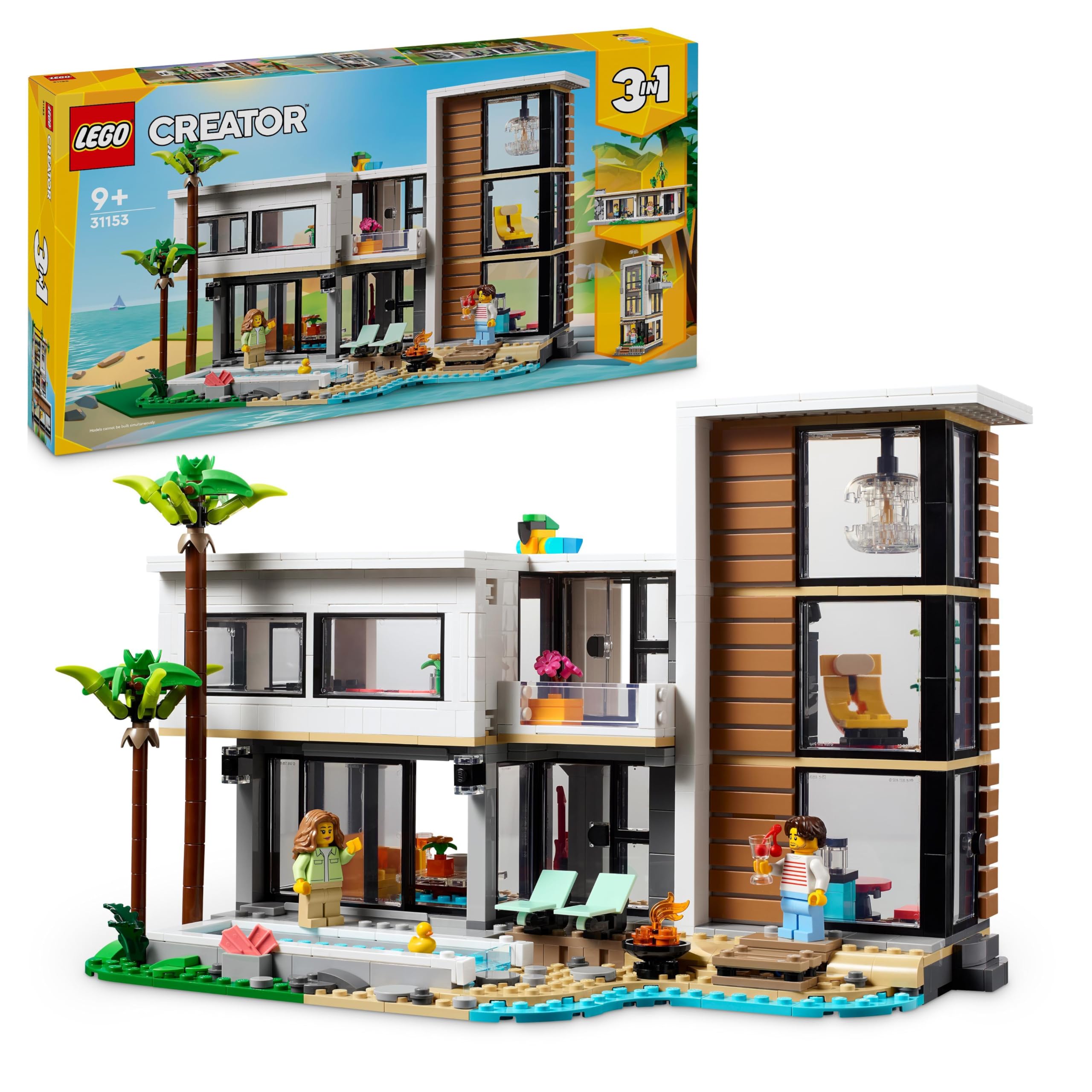 LEGO Creator 3-in-1 Modern Toy House Convertible to 3-Story Building or Forest Cabin, Building Kit with 2 Minifigures - Creative Gift for Kids Ages 9+ and Artists (Model 31153) | Perfect for Imaginative Play, STEM Learning, and Home Decoration