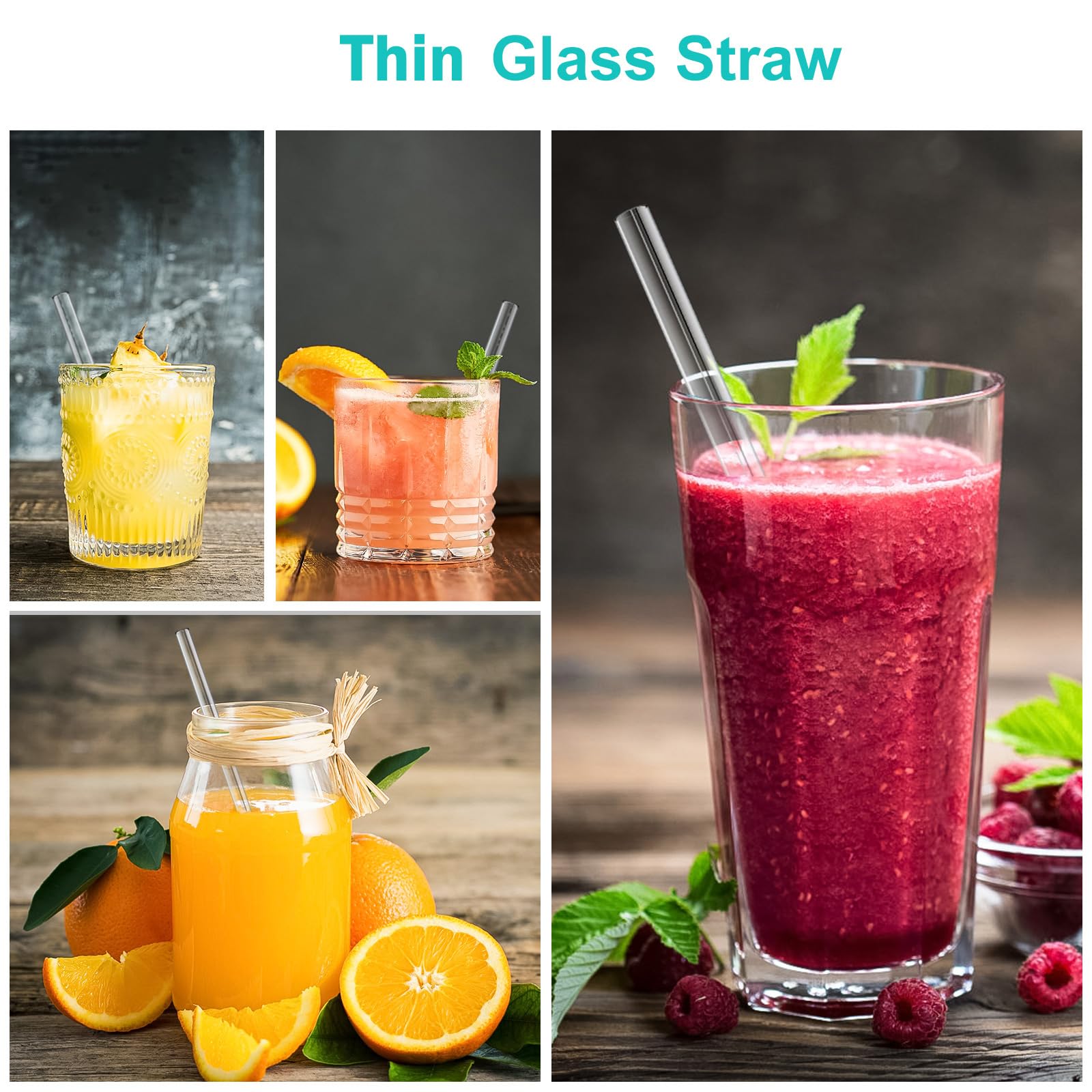 Kiemeu 16 Pack Clear Glass Drinking Straws - 8 Short & 8 Long Reusable Straws (7mm Diameter) for Cocktails, Smoothies, Iced Coffee & Home/Office Use