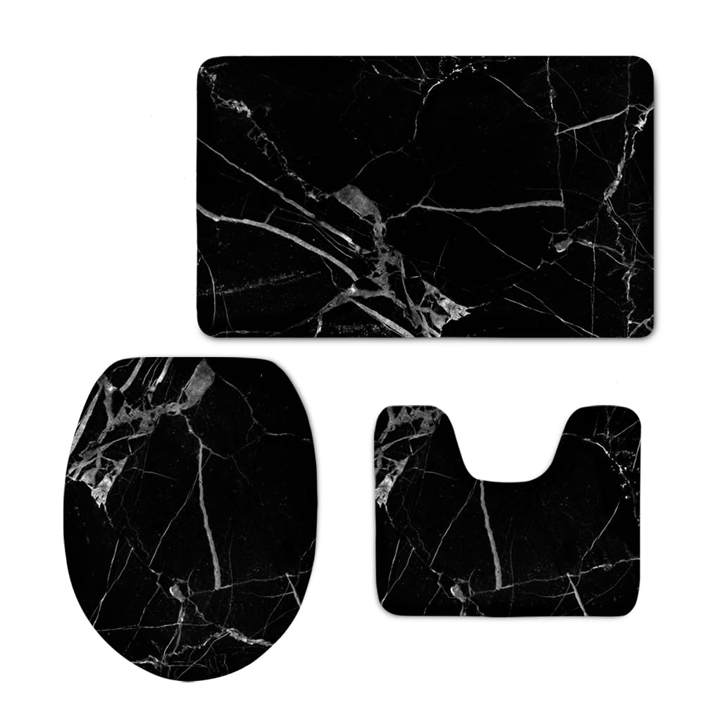 UNICEU Black Marble Bathroom Mats Set - Soft Non-Slip Bath Rug & Toilet Lid Cover, 3-Piece Flannel Fitted Toilet Seat Covers for Bathroom Decor - Perfect for Modern Homes, Guest Bathrooms & Spa-Style Retreats