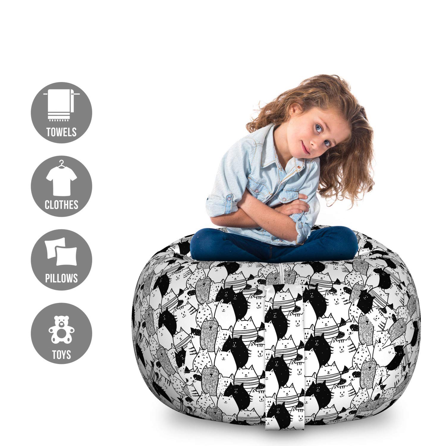 Ambesonne Cat Storage Toy Bag Chair - Large Washable Stuffed Animal Organizer with Monochrome Hand-Drawn Animal Characters | Kids Room Decor, Pet Toy Storage, Nursery Organization (Black & White)