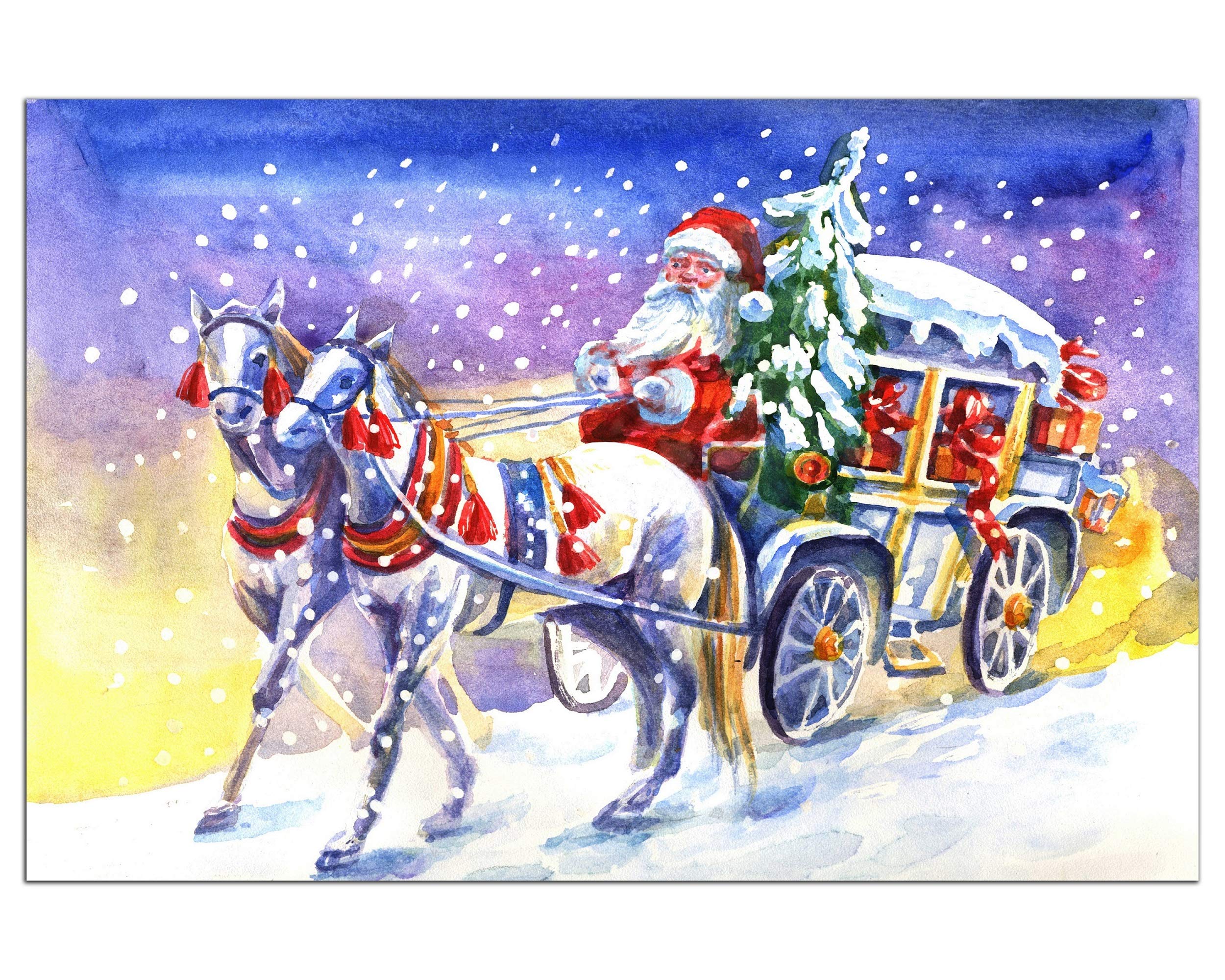 Premium Giclee Canvas Print - Santa Pulls a Sleigh Christmas Painting, Stretched & Framed Ready to Hang - Holiday Home Wall Decor for Living Room, Bedroom & Office