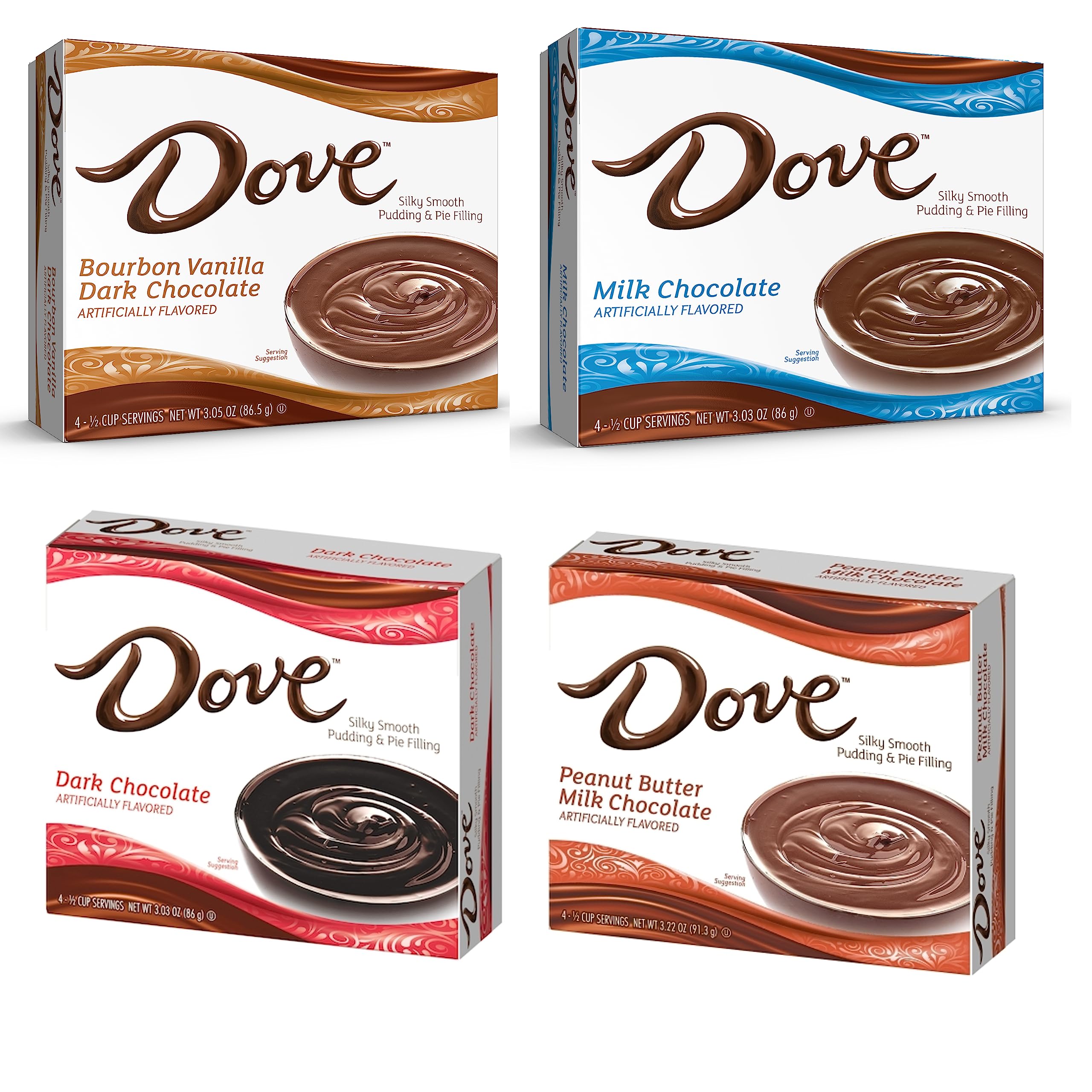 Dove Pudding Variety Pack of 4 - Peanut Butter Milk Chocolate, Dark Chocolate, Bourbon Vanilla Cream & Milk Chocolate | Indulgent Dessert Snacks for Parties, Gifts & Family Treats