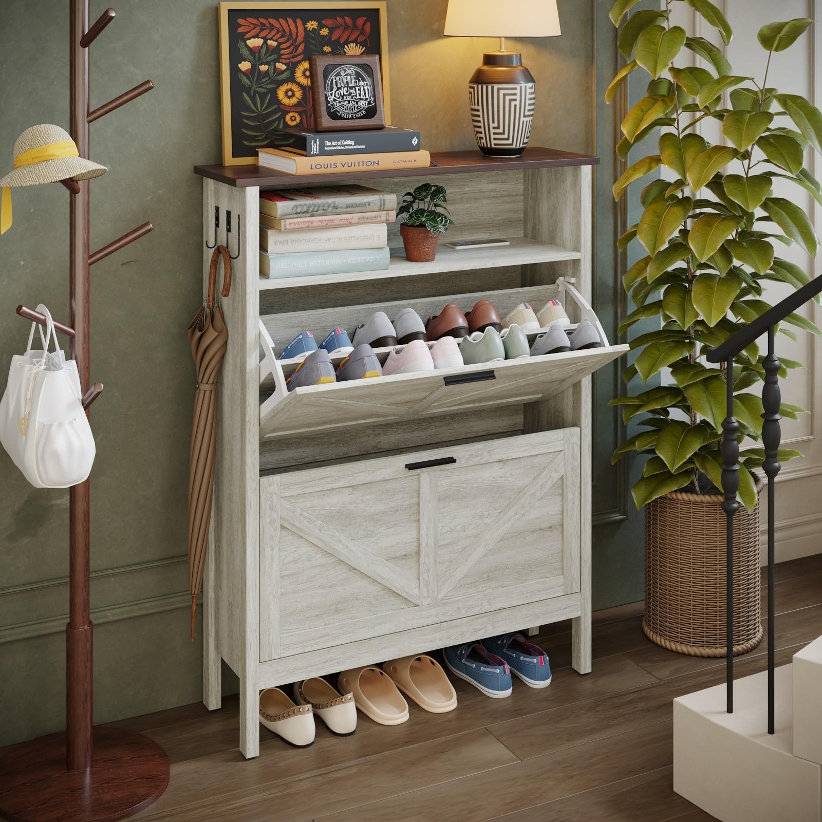 Shoe Storage Cabinet with 2 Flip Drawers - Automatic Deodorizing Shoe Organizer - Freestanding Entryway Shoe Rack in Beige - Perfect for Closet, Bedroom & Mudroom Organization