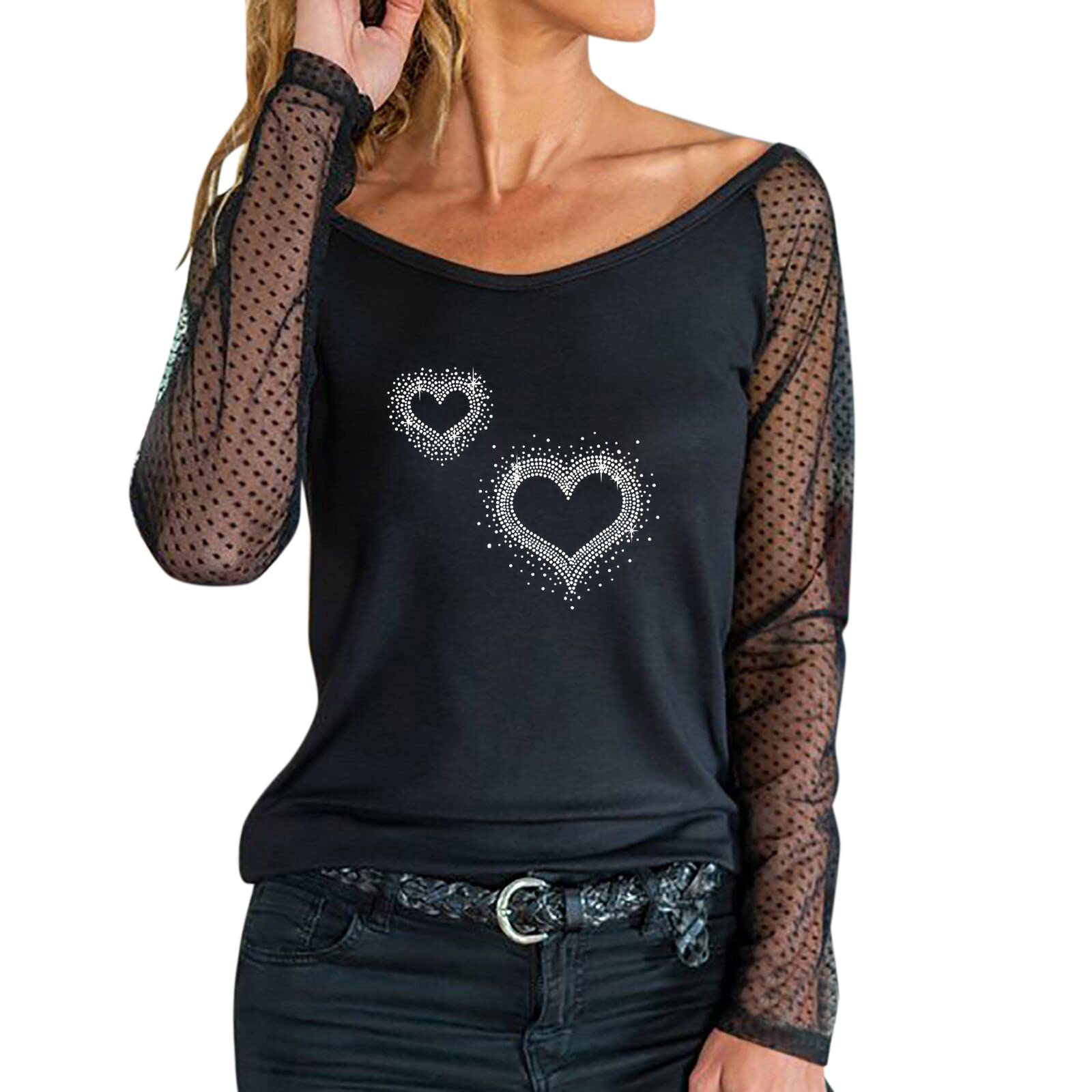 iZZZHH Women's Vintage Lace Dot Long Sleeve Blouse with Feather Cat Paw Print & Rhinestone Details - Casual Spring Fall Shirt for Office, Dating, and Party Wear