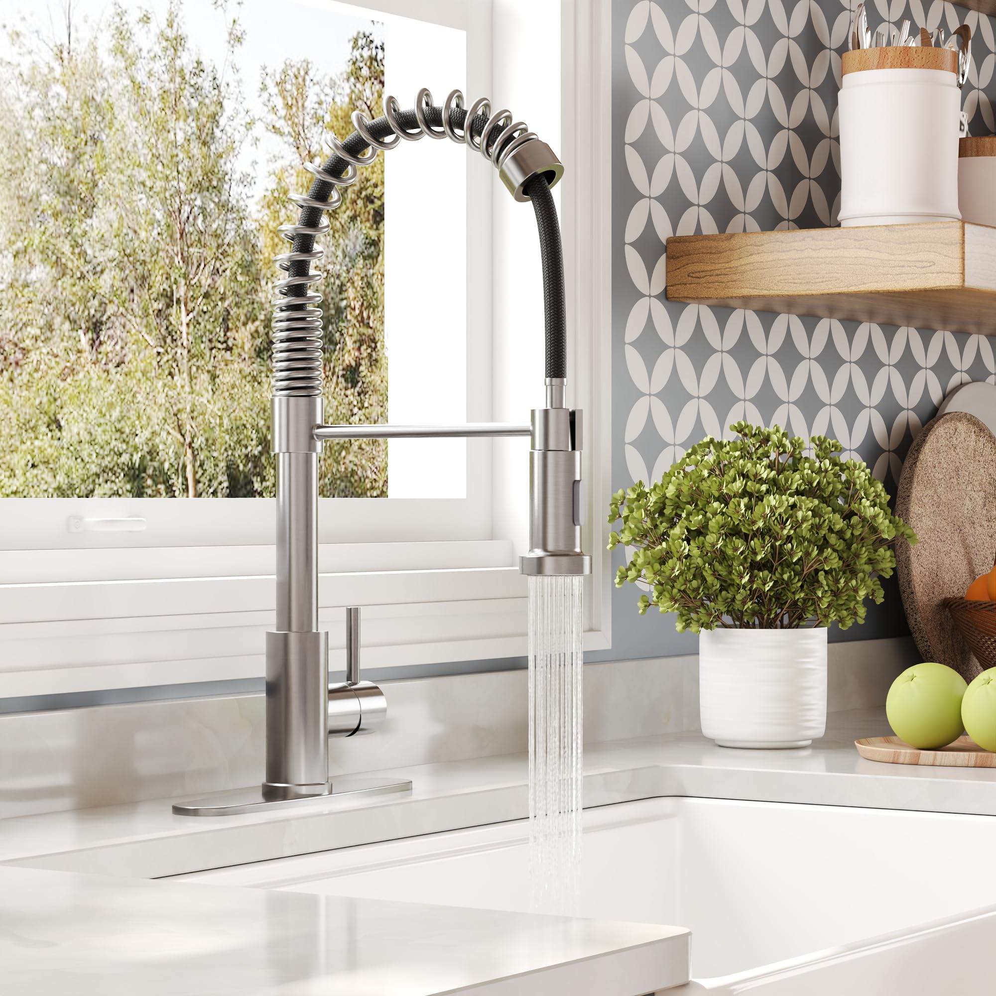 DeerValley DV-1J82101 Brushed Nickel Single Handle Pull Down Kitchen Faucet with Spring Sprayer - Modern Stainless Steel Sink Faucet for Home, Restaurant & Commercial Use