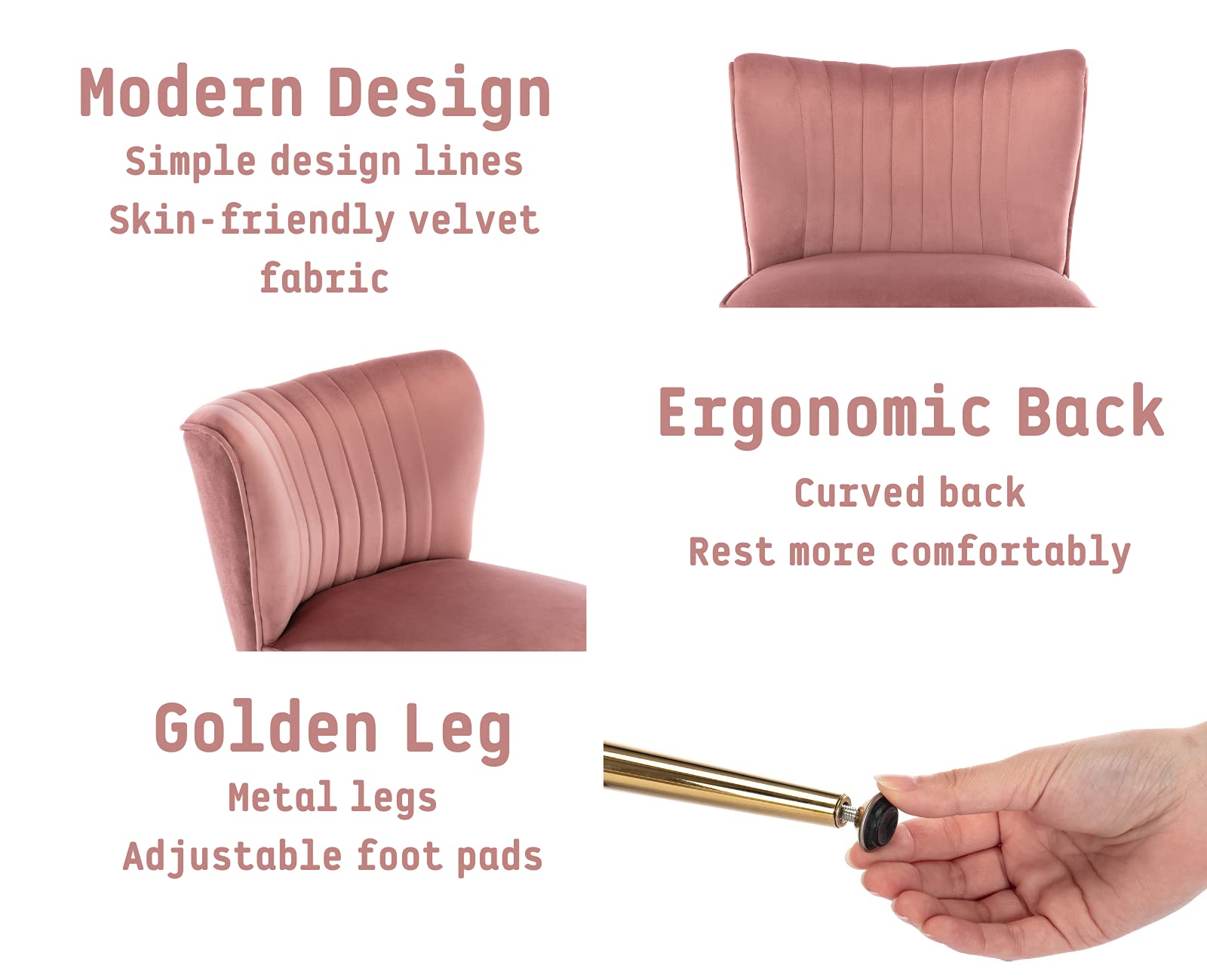Velvet Accent Chairs Set of 2 - Mid Century Modern Upholstered Side Chairs with Golden Legs for Living Room, Guest Room & Bedroom - Comfy Armless Wingback Sofa Chairs in Pink - Perfect for Small Spaces, Reading Nooks & Cozy Corners