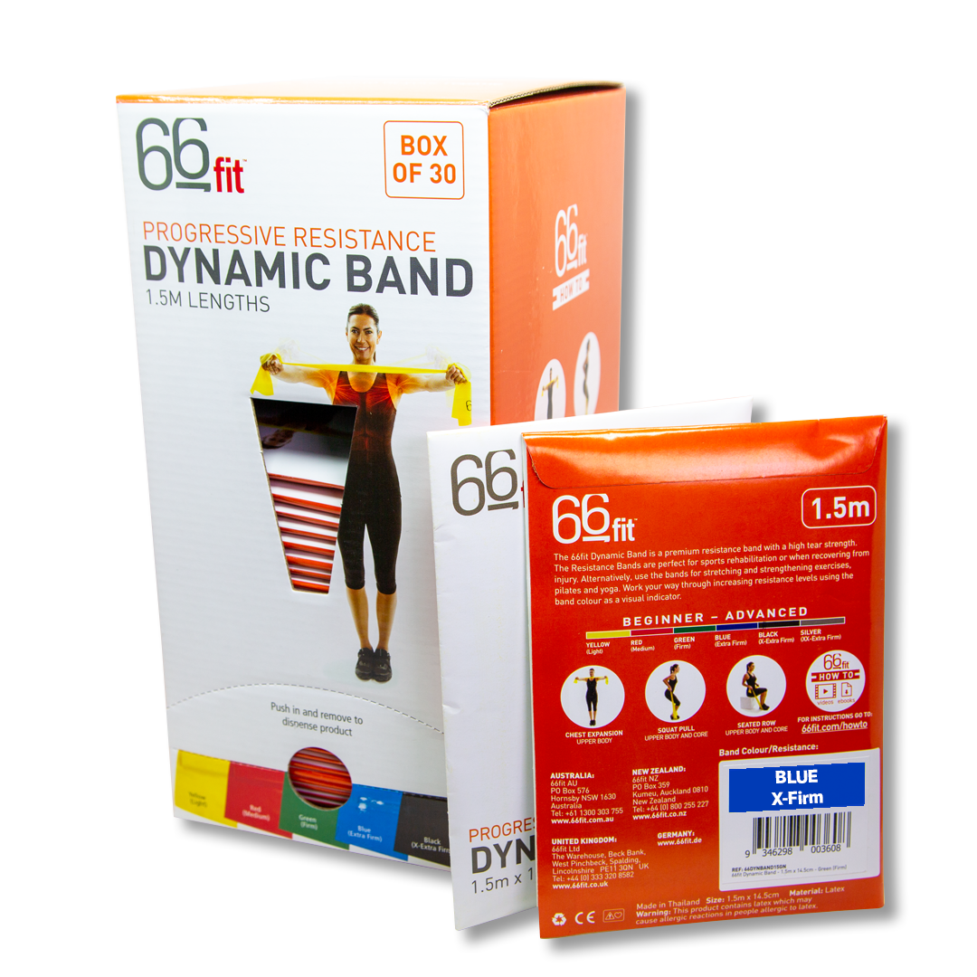 66Fit Dynamic Resistance Exercise Bands - 1.5m Length, Box of 30 - Perfect for Home Workouts, Strength Training, Yoga & Physical Therapy