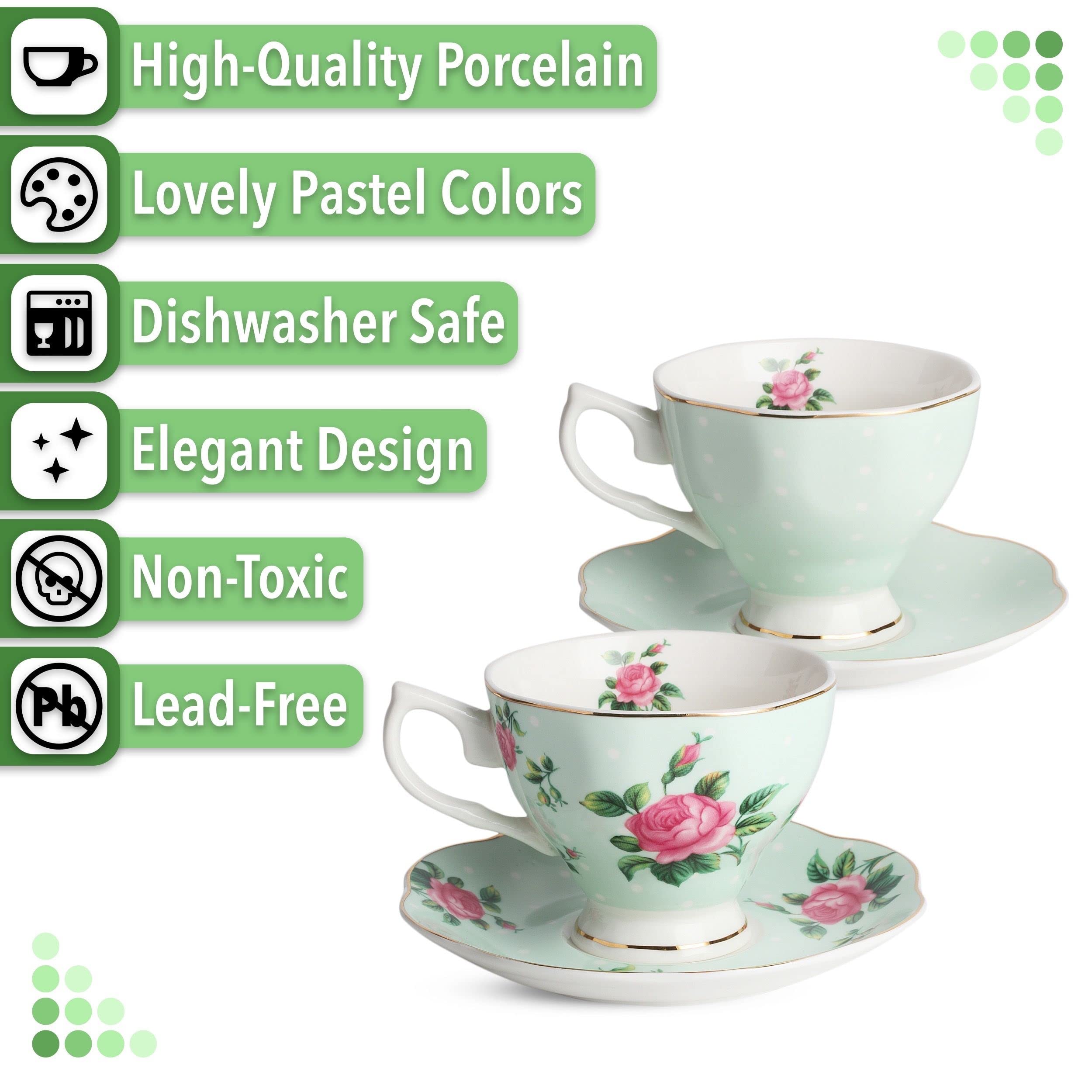 BTaT Floral Tea Cups and Saucers Set of 2 - 8oz Porcelain Coffee Cups with Gold Trim, British Style Tea Set for Women, Perfect for Afternoon Tea, Mother's Day Gift, Bridal Shower or Home Decor
