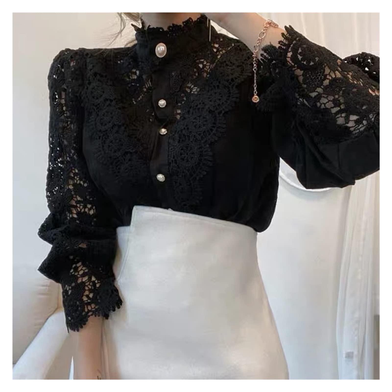 Elegant Pure White Lace Button-Up Blouse for Women - Loose Fit Long Sleeve Cutout Panel Top - XXXL Size - Perfect for Office Wear, Date Nights & Special Occasions