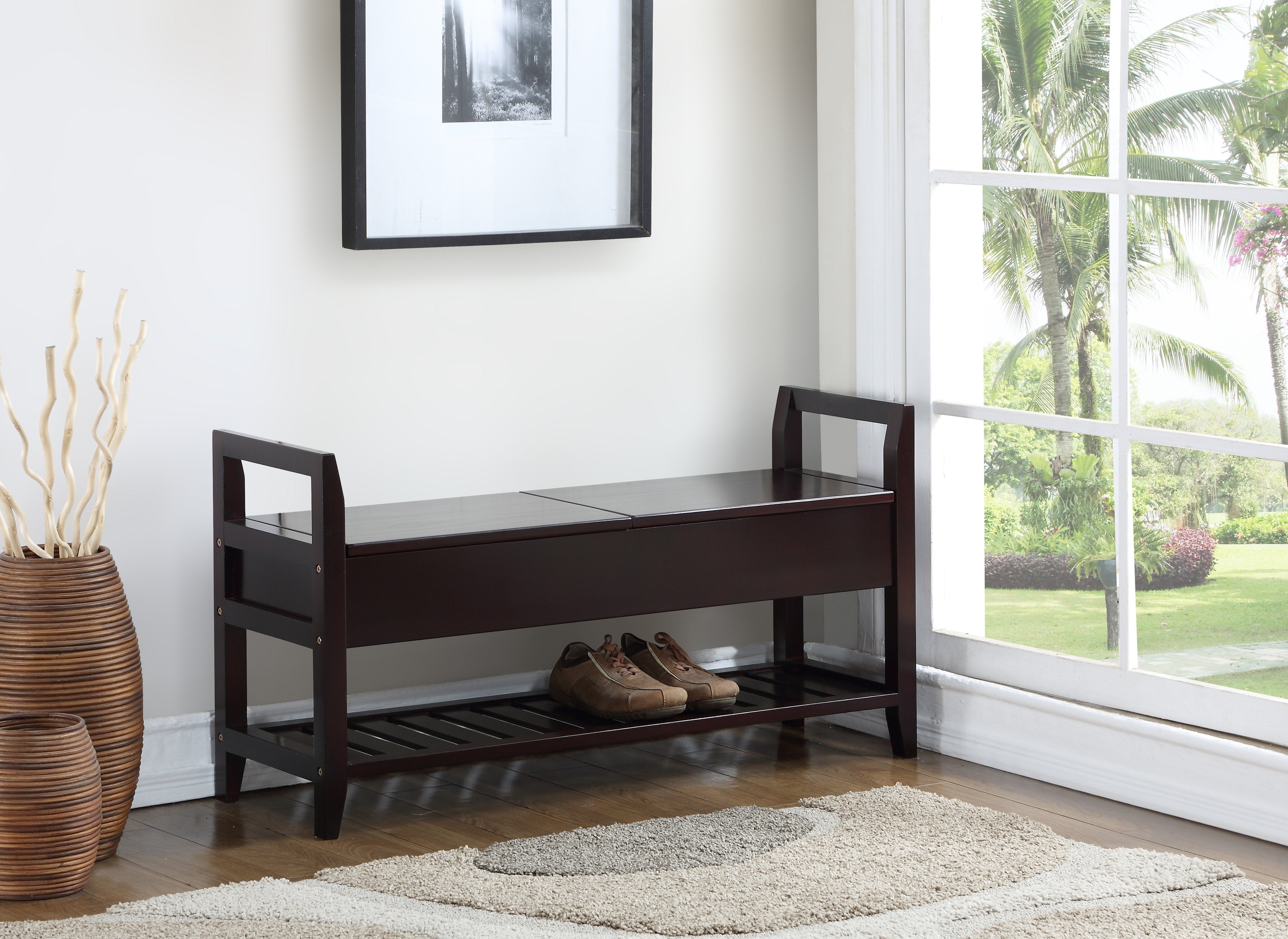 Roundhill Furniture Vannes Storage Shoe Bench - Espresso Brown Entryway Organizer with Seat | Perfect for Mudroom, Hallway & Closet Shoe Storage Organization